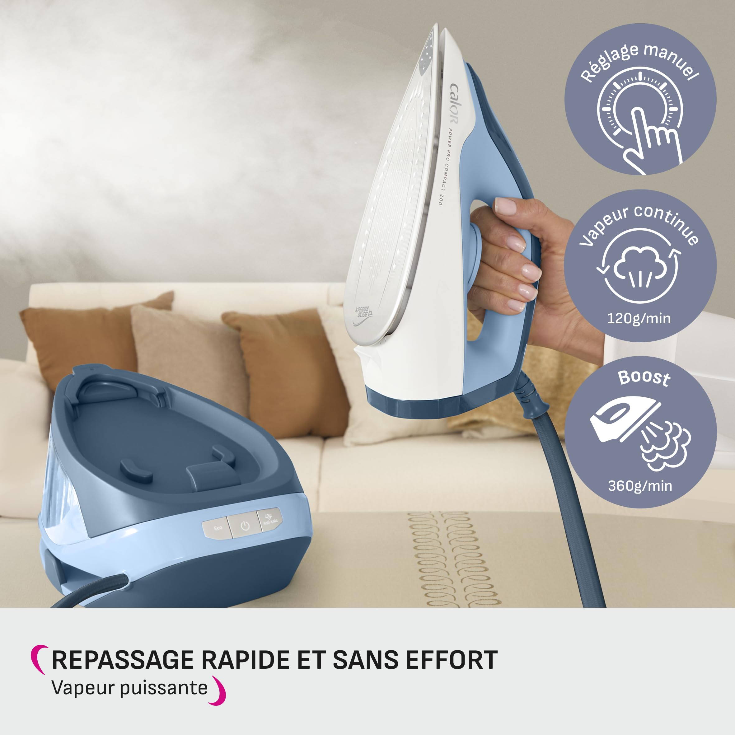 Calor Power Pro Compact 200, Centrale Vapeur Classique, Effet pressing 360 g/min, Léger et compact, Réservoir 1,7L, SV6210C0