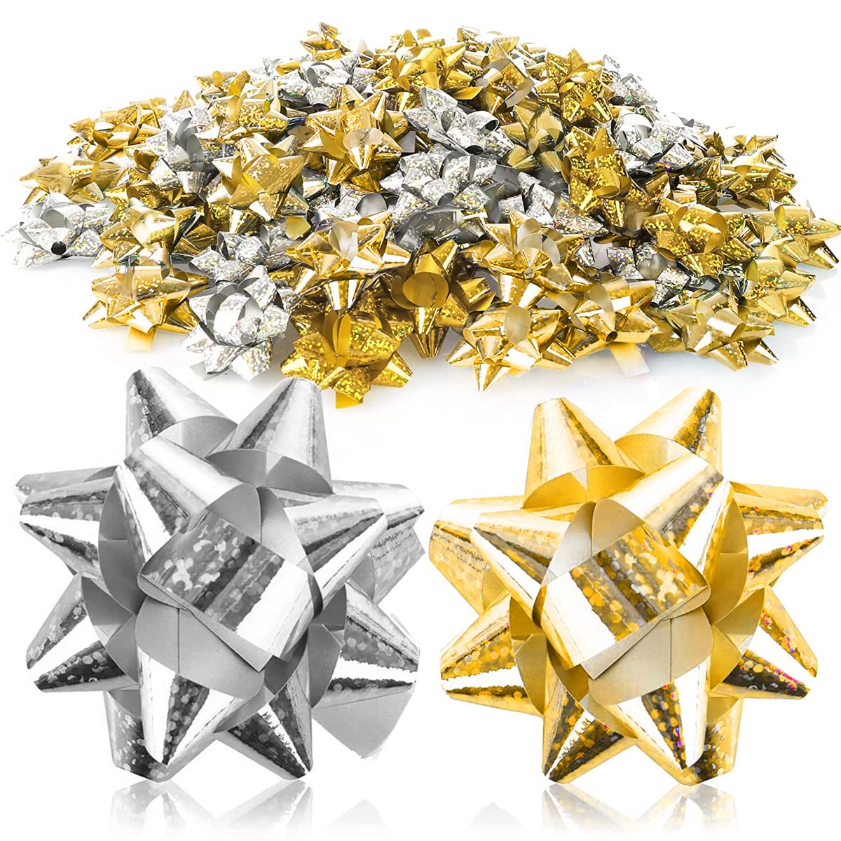 Jonami 100 Boucles Cadeau Autocollantes - Or Et Argent Holographique - Ø5cm - Pour Noël, Anniversaire, Mariage
