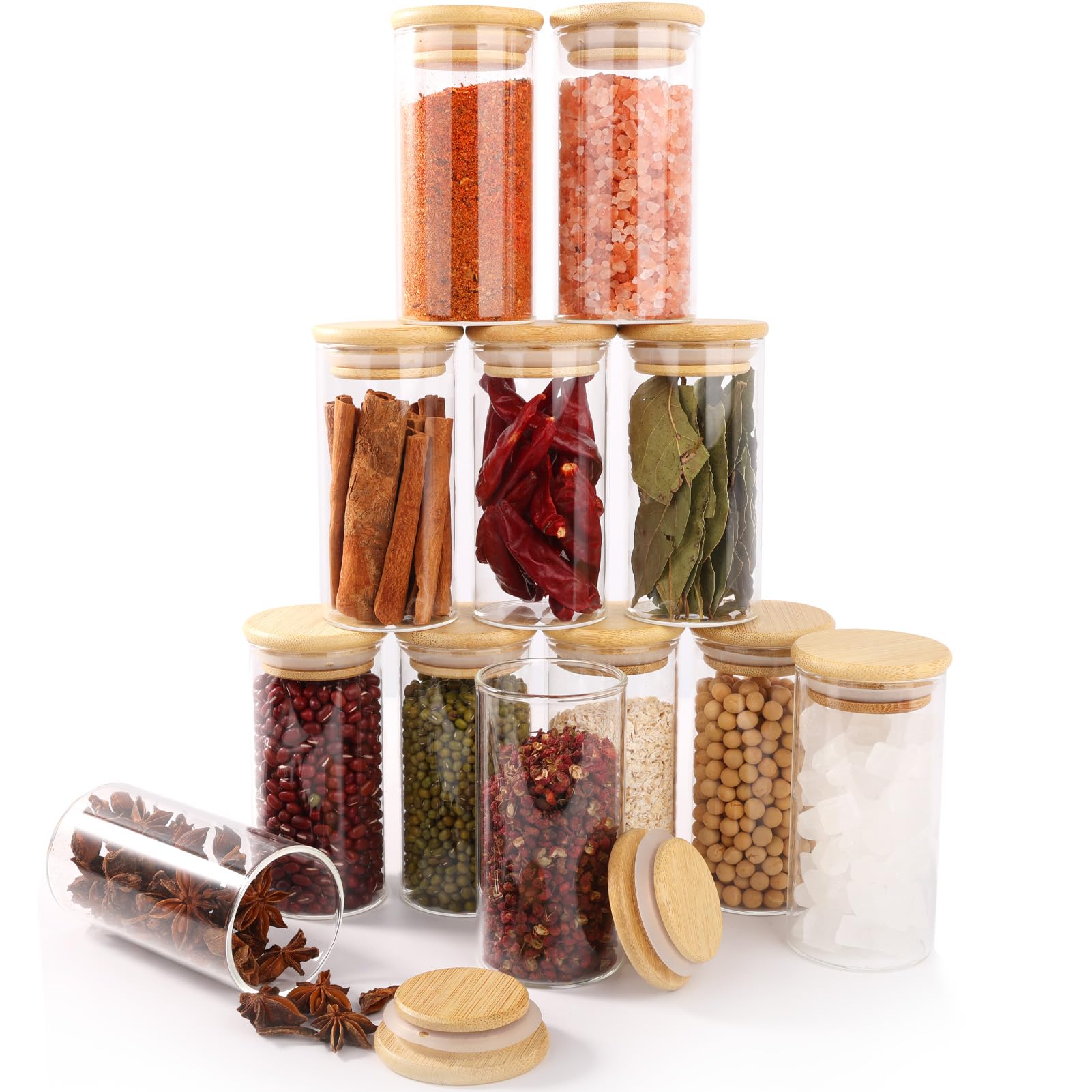 FoiiLiio 12 Stück Gewürzgläser Set mit Bambus Deckel, 150ml Gewürzdosen Set Glas, Gewürzbehälter Spice Jars, Gewürze Aufbewahrung, Gewürz Organizer, 