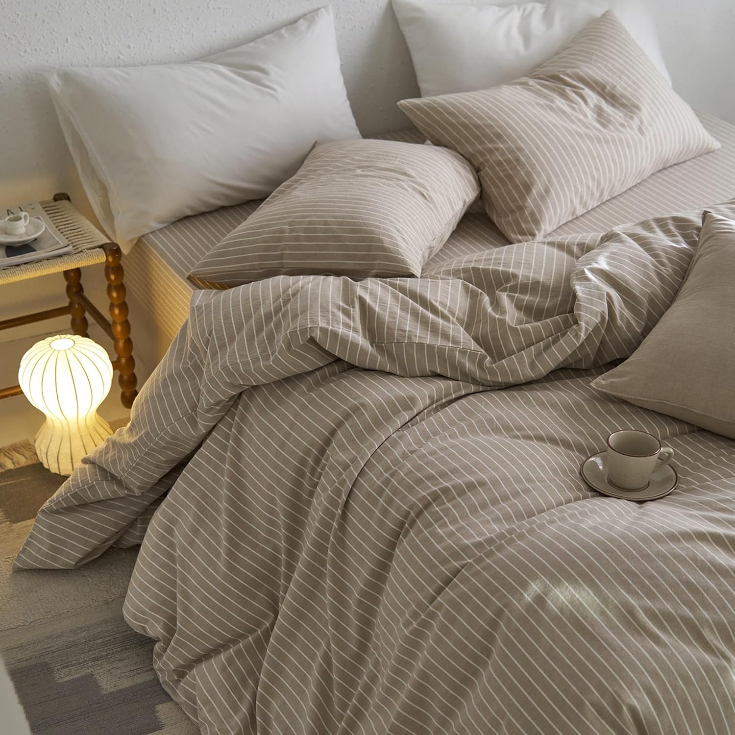 Sedefen Bettwäsche 220x240 cm Baumwolle Gestreift Khaki,Oeko-TEX zertifizierte Bettwäsche Set,Baumwollbettwäsche mit Reißverschluss und 2 Kissenbezug 80x80 cm