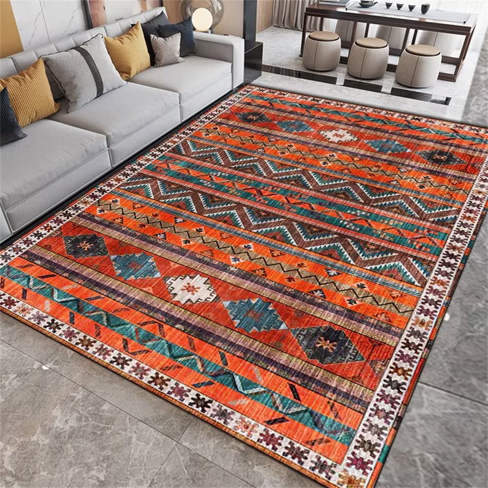Tapis géométrique orange lavable en machine sans décoloration