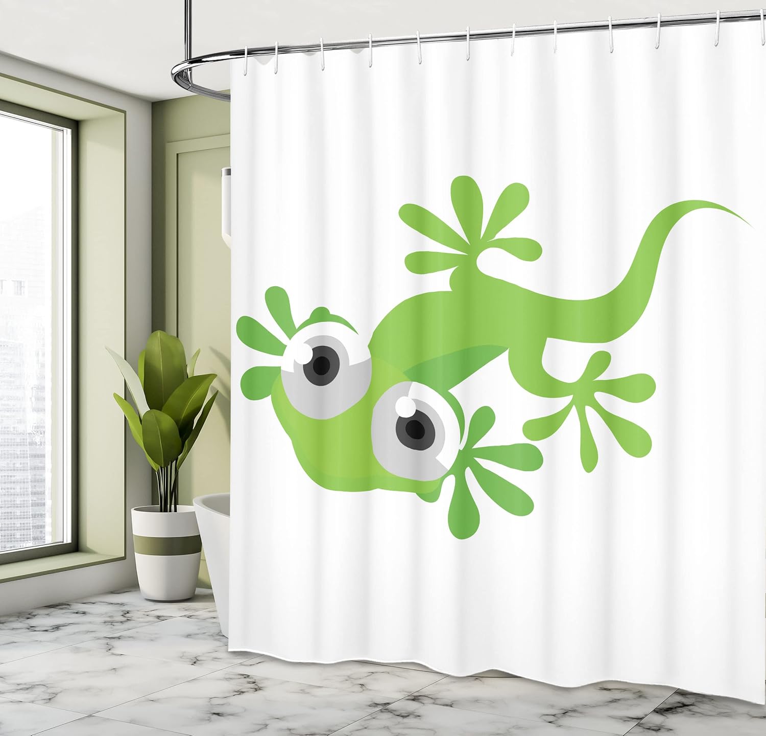 Ambesonne Reptile Shower Curtain, Lizard Looking at Us Creature Animal Prehistoric Nature Animation Design Print, Cloth Fabric Bathroom Decor Set with Hooks, 69" W x 70" L, Green White