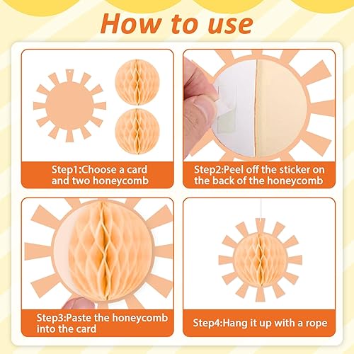 Miniatura 4 de 12 bolas bohemias para decoración de fiesta de sol, decoración de cumpleaños, pompones colgantes de panal de abejas para primer viaje alrededor del