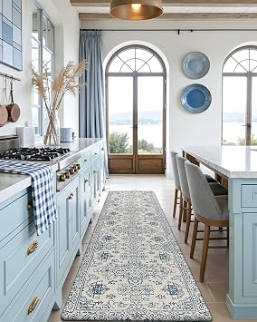 DEXI Kitchen Mats Cushioned Anti Fatigue, 23x59 Floor Padded Runner Rug Non Slip, Waterproof Standing Comfort Memory Foam for Front Sink Laundry, Blue White