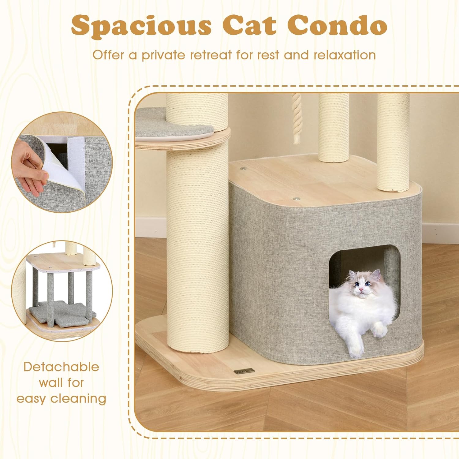 PETSITE 63 Inch Wooden Cat Tree, Multi-Level Cat Tower with Scratching Posts, Cat Condo, Side Hammock, Dangling Ball, Washable Cushions, and Sisal Rope, Modern Cat Tree Tower for Indoor Cats
