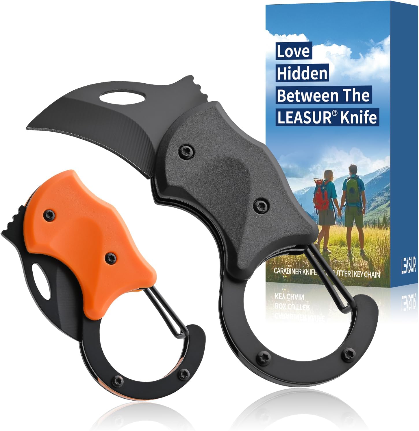 2 Packs Mini Folding Knife, Keychain Box Cutter, 1.38 inch Blade Carabiner Knives,Gifts For Couples Girlfriend Boyfriend (Black & Orange)