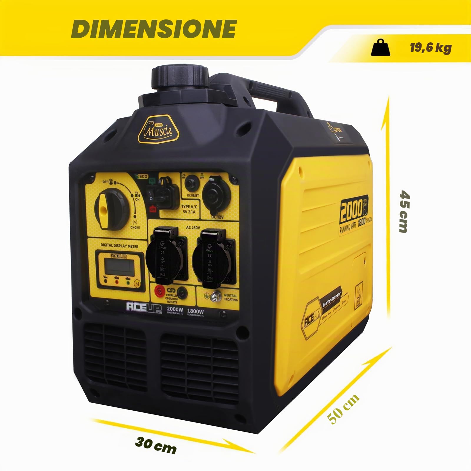 Aceup Energy Generatore di Corrente Inverter 2000W Benzina, Display Digitale, Modalità Eco, 2 Prese 230V USB 5V 12V, Silenzioso e Portatile per Campeggio e Uso Domestico