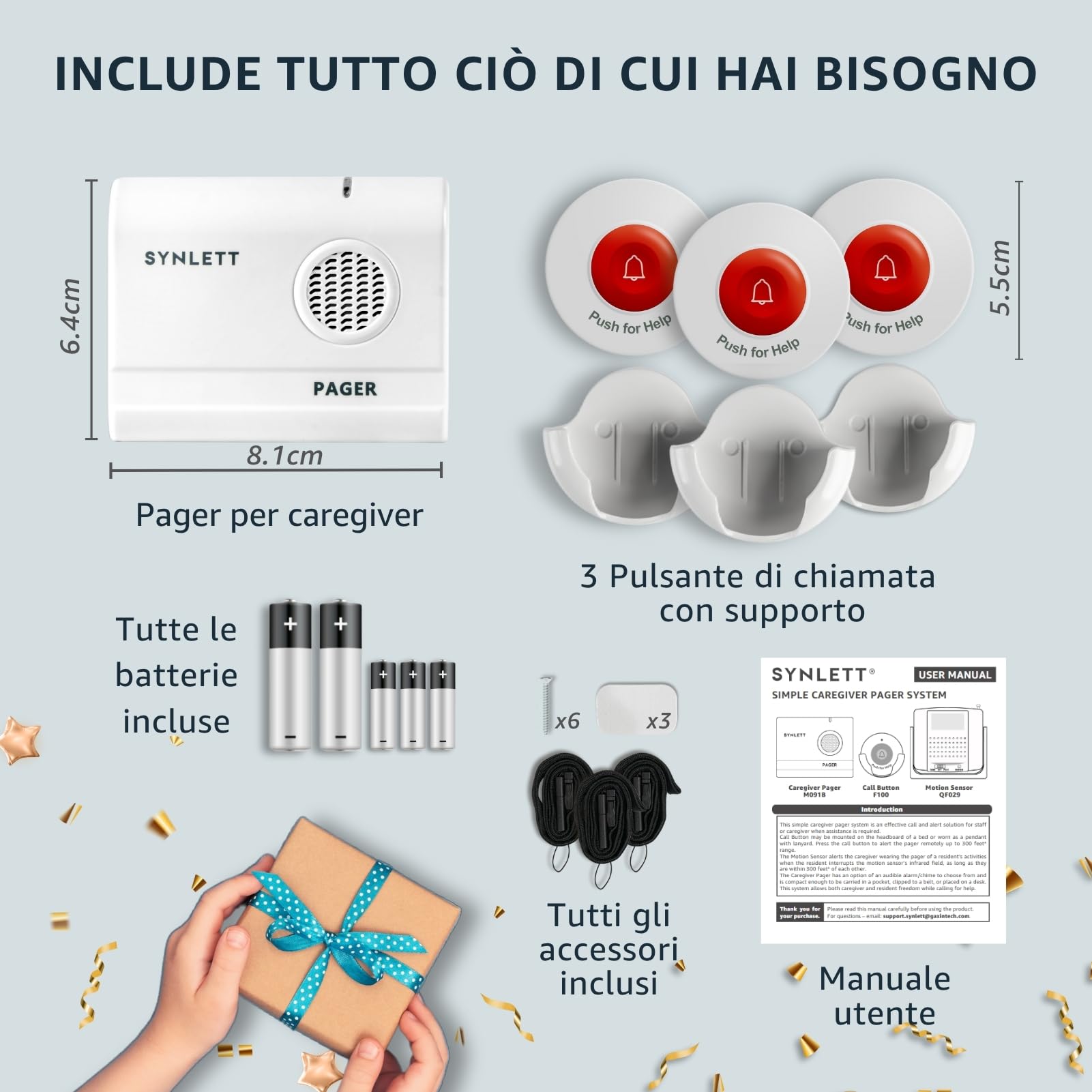 Cercapersone Wireless con 3 Pulsanti SOS e 1 Pager – Sistema di Allarme Portatile per Caregiver, Chiamata Infermieristica, Anziani e Pazienti in Emergenza