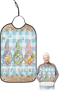 BOBOWUNY Spring Easter Adult Bibs for Elder Women Men Eating, Blue Checkered Gnomes Bunny Colorful Eggs Wood Waterproof & Washable Bibs for Eating Clothing Protector Dining Bibs for Crumb Catcher