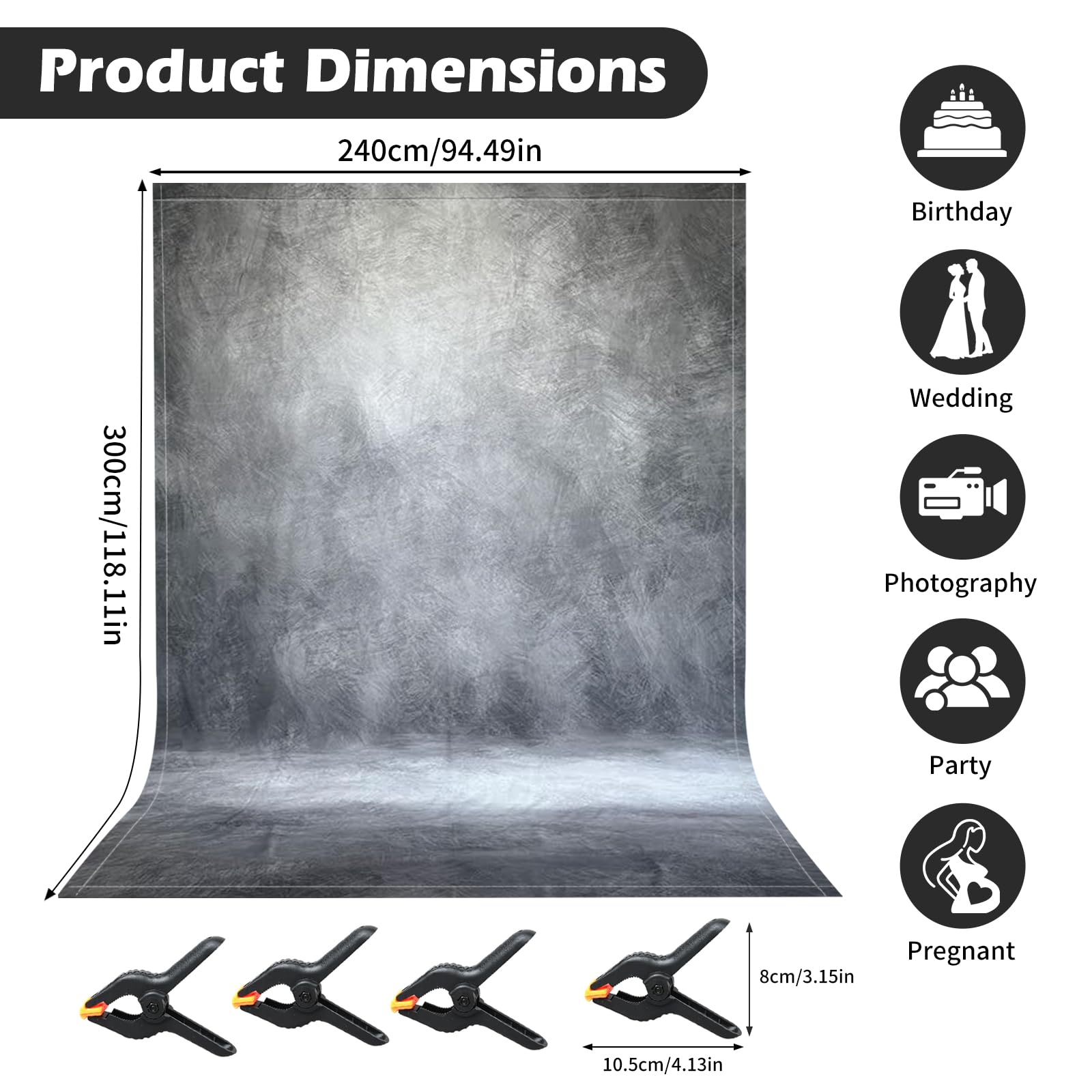 Abstrakter Fotohintergrund Stoff 243x300 cm Groß Dick Polyester Hintergrund mit 4 Clips,Foto-Requisiten, Fotoshooting-Studio,Produktfotografie for Portrait Photo Background Adult Kids Headshot (Grau)