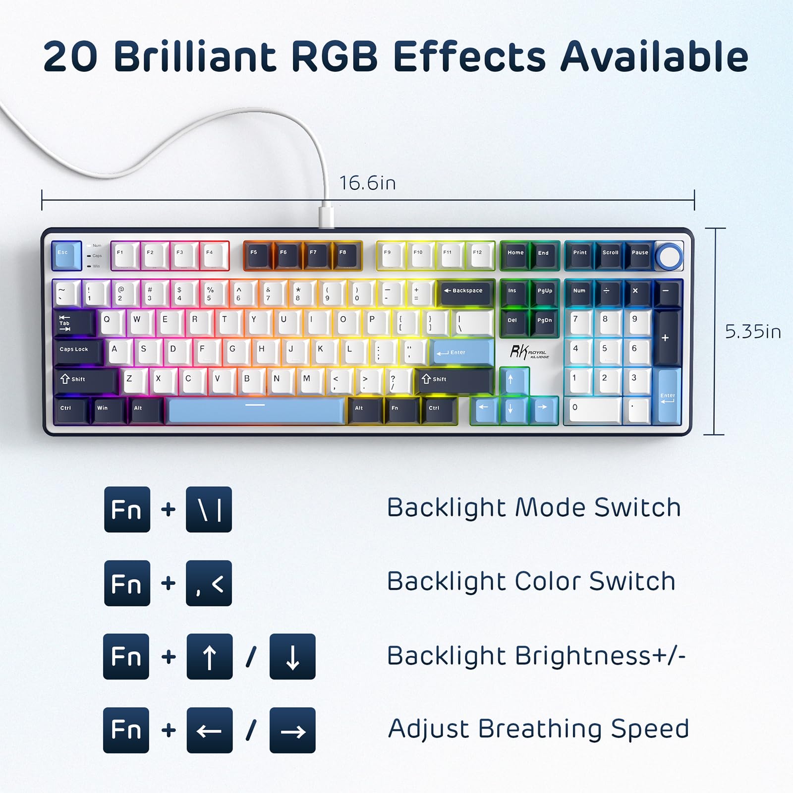 RK ROYAL KLUDGE X104 Mechaniczna klawiatura przewodowa, 104-klawiszowa klawiatura RGB do gier USB-C, możliwość gorącej wymiany, klawisze PBT, profesjonalne oprogramowanie, niestandardowy przełącznik