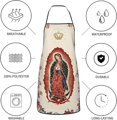 Miniatura 8 de Delantales Virgen María de Nuestra Señora de Guadalupe para mujeres y hombres, dos bolsillos para cocinar, cocinar, hornear, fiestas, E-13