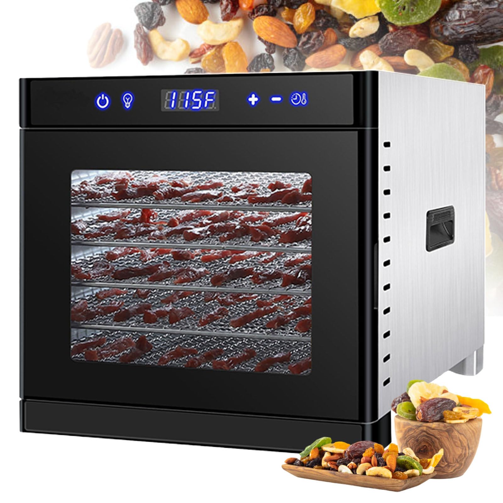 Deshidratador De Alimentos Comercial, Control De Temperatura De 35 °C A 75 °C, Deshidratador para Cecina, Frutas, Golosinas para Perros, Hierbas, Verduras Y Snacks Deshidratados Black