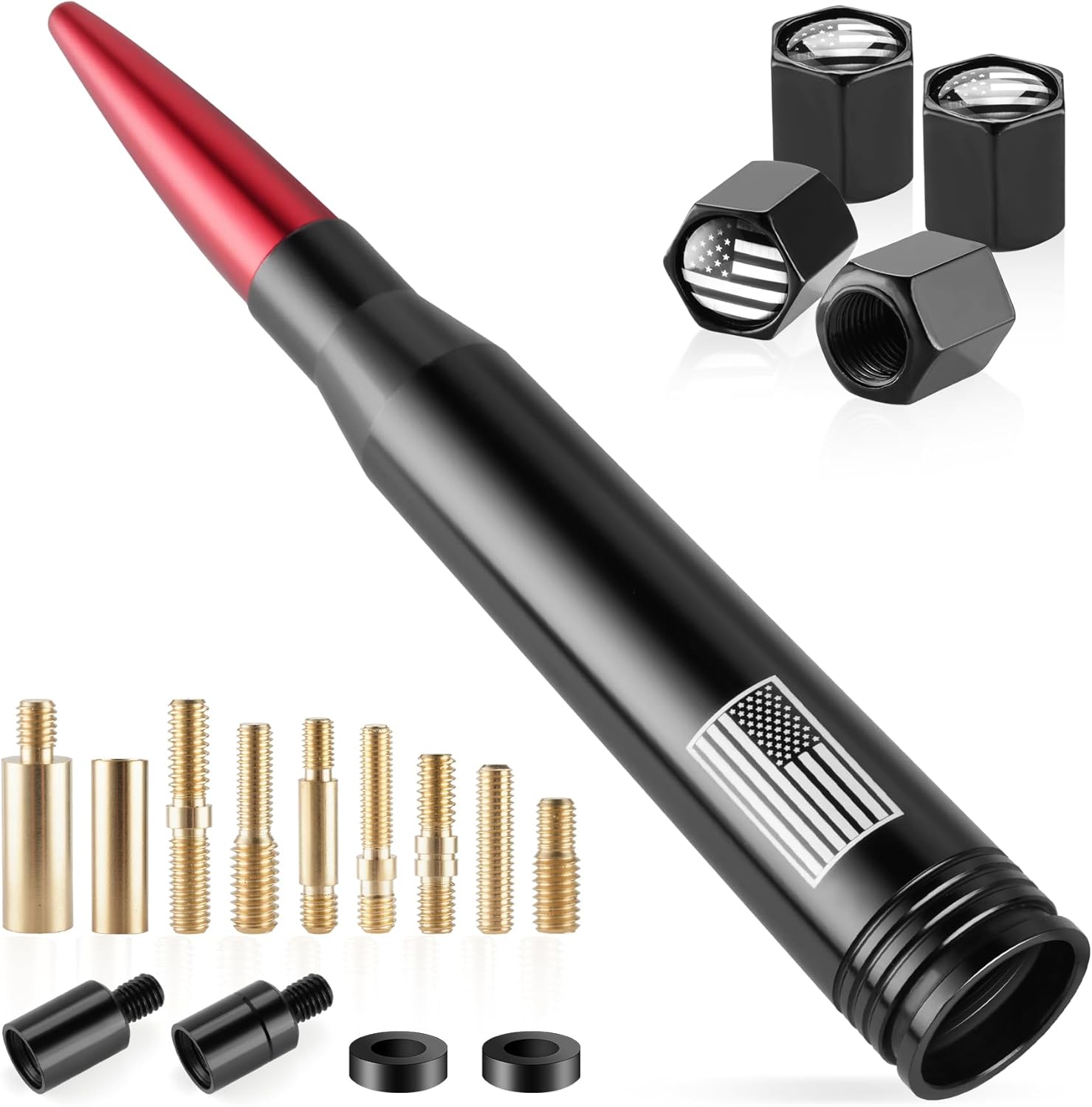 BJSIA American Flag Car Antenna for Truck with Valve Stem Caps – Universal Compatible with Ford, Dodge, Chevrolet, GMC, Jeep, Toyota Truck Car Accessories, Heavy Duty Pickup Trucks Accessories – Red