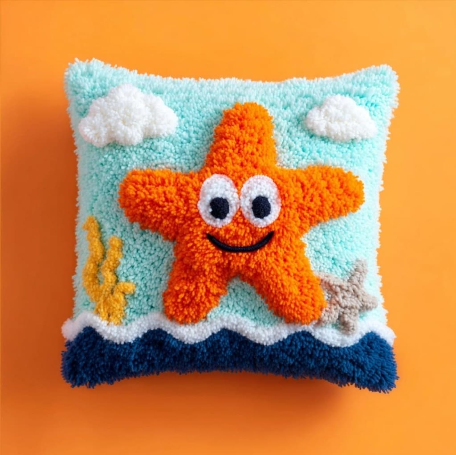 AxiangziK DIY Latch Hook Cushion Cover Kit 43x43cm,Cute Starfish Full Accessories Yarn Craft Set,Cushion Making Kit Ideal Gift for Adults,Craft Enthusiasts