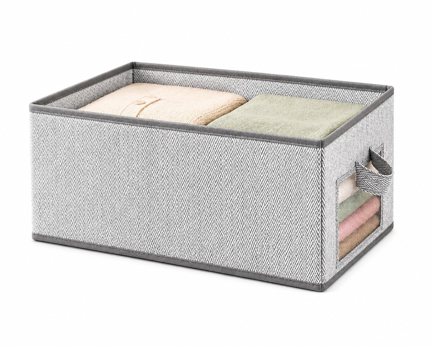 foldable storage box 41 x 27 x 17 cm for clothes, wardrobe organizer with transparent side window & handle | non-woven fabric storage bin for clothes, blankets, towels, toys | grey