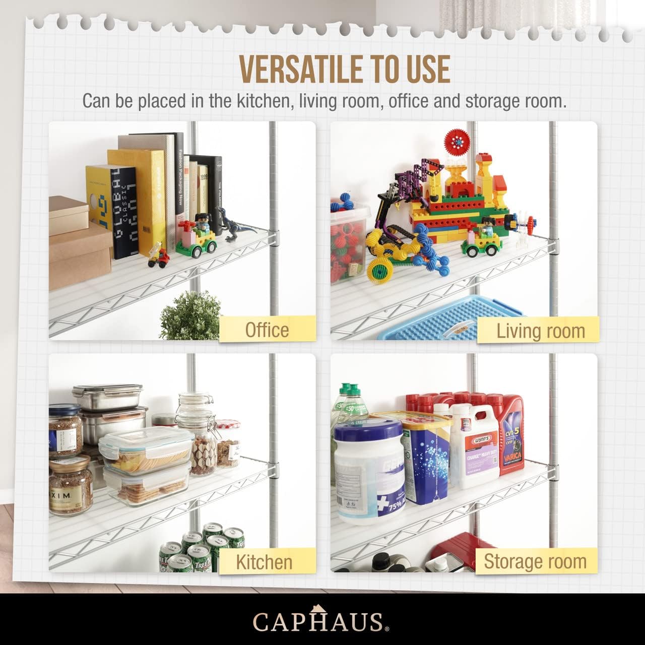 Image showing clear plastic liners placed on wire shelves, with small items like toys and cereal on top.