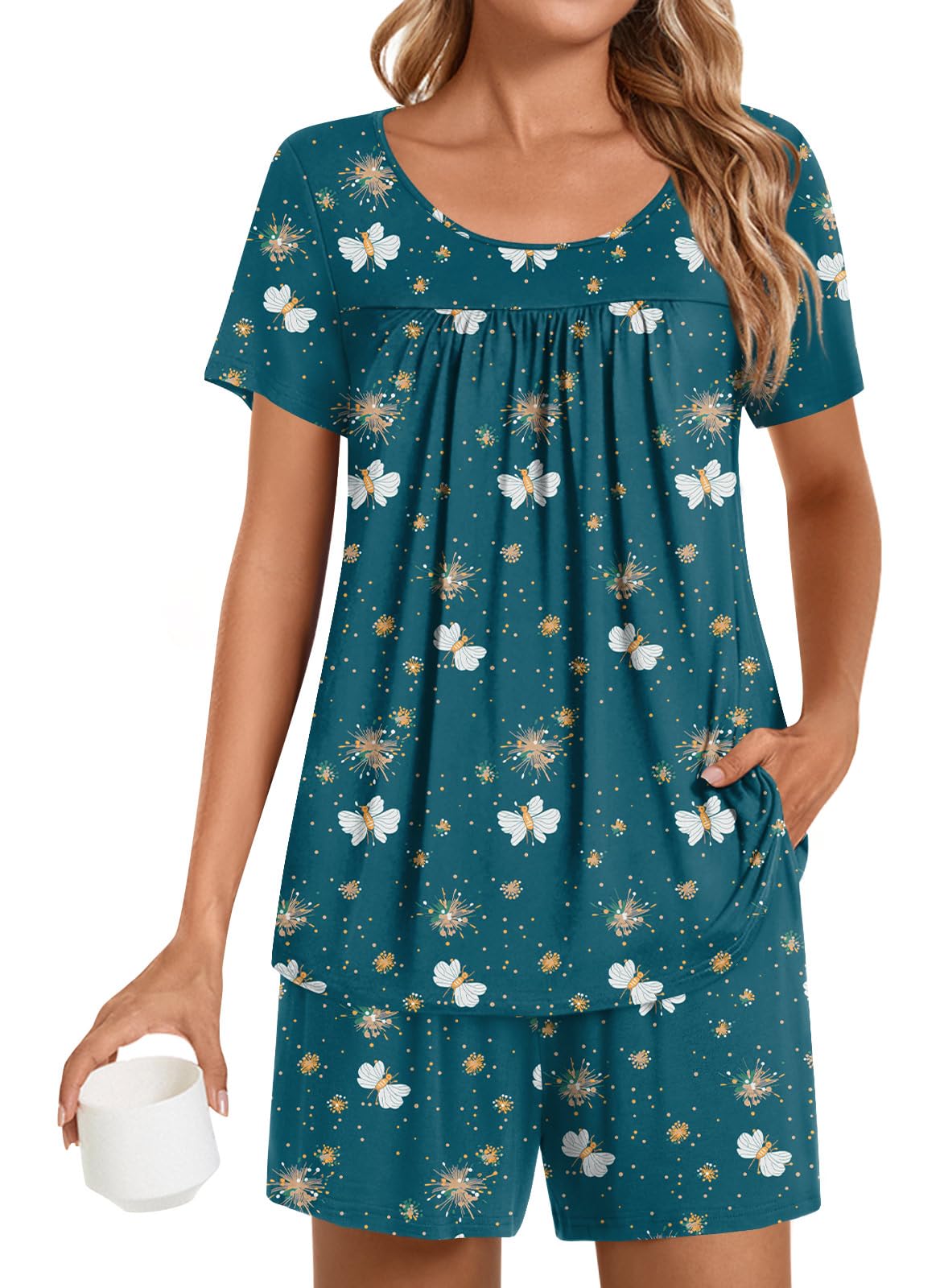 POPYOUNG Womens Pajama Sets Summer Short Sleeves 2 Piece Lounge Sleepwear Ladies Pjs Sets with Pockets
