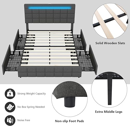 Miniatura 8 de KOMFOTT Base de cama matrimonial con estación de carga y luces LED, base de cama tapizada con cabecera ajustable y 4 cajones de almacenamiento,