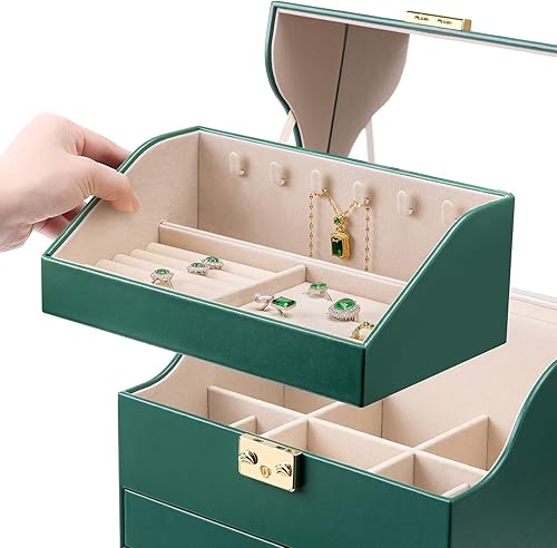 Miniatura 8 de Vlando Caja organizadora de joyas de terciopelo grande, caja de almacenamiento de joyas de 5 capas con espejo y cerradura, bandeja apilable y 3