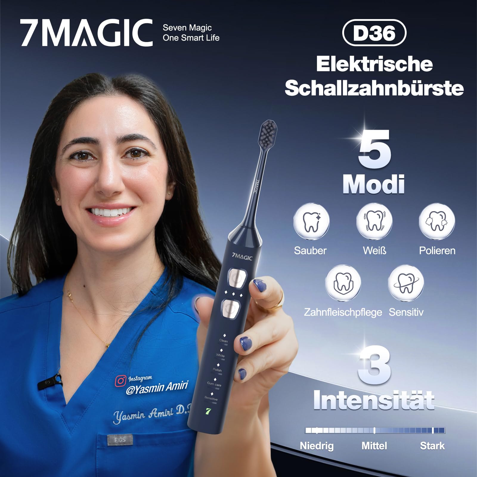 7MAGIC Spazzolino Elettrico Sonico Blu con 5 Modalità, 3 Livelli di Intensità, Autonomia fino a 180 Giorni, 40.000 Vibrazioni/Min, 8 Testine Incluse (6+2 Testine di Ricambio Originali)
