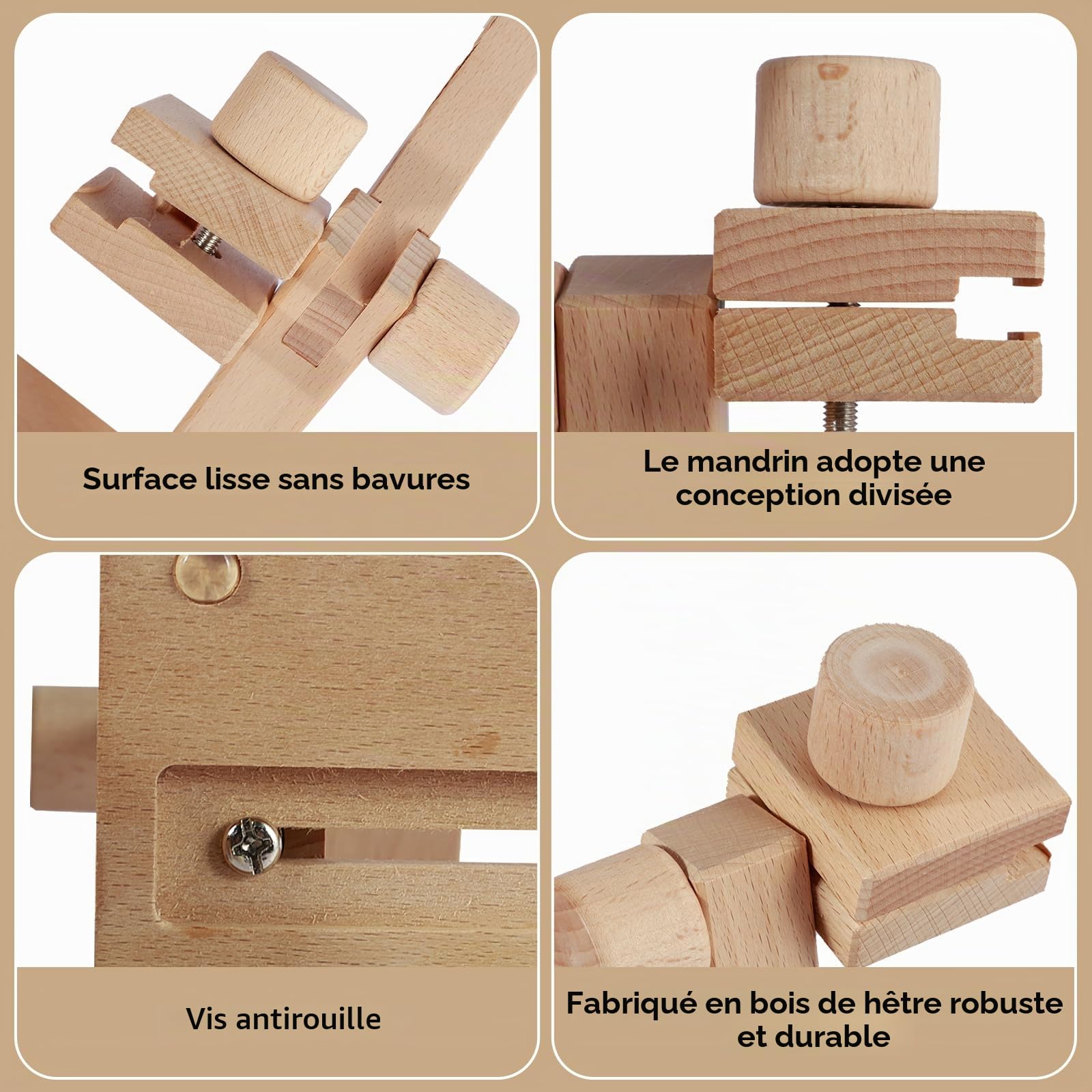 Support de cerceau de broderie réglable rotatif Porte-cadre de broderie rotation 360° Support de point de croix en bois de hêtre Support de broderie mains libres pour travaux manuels