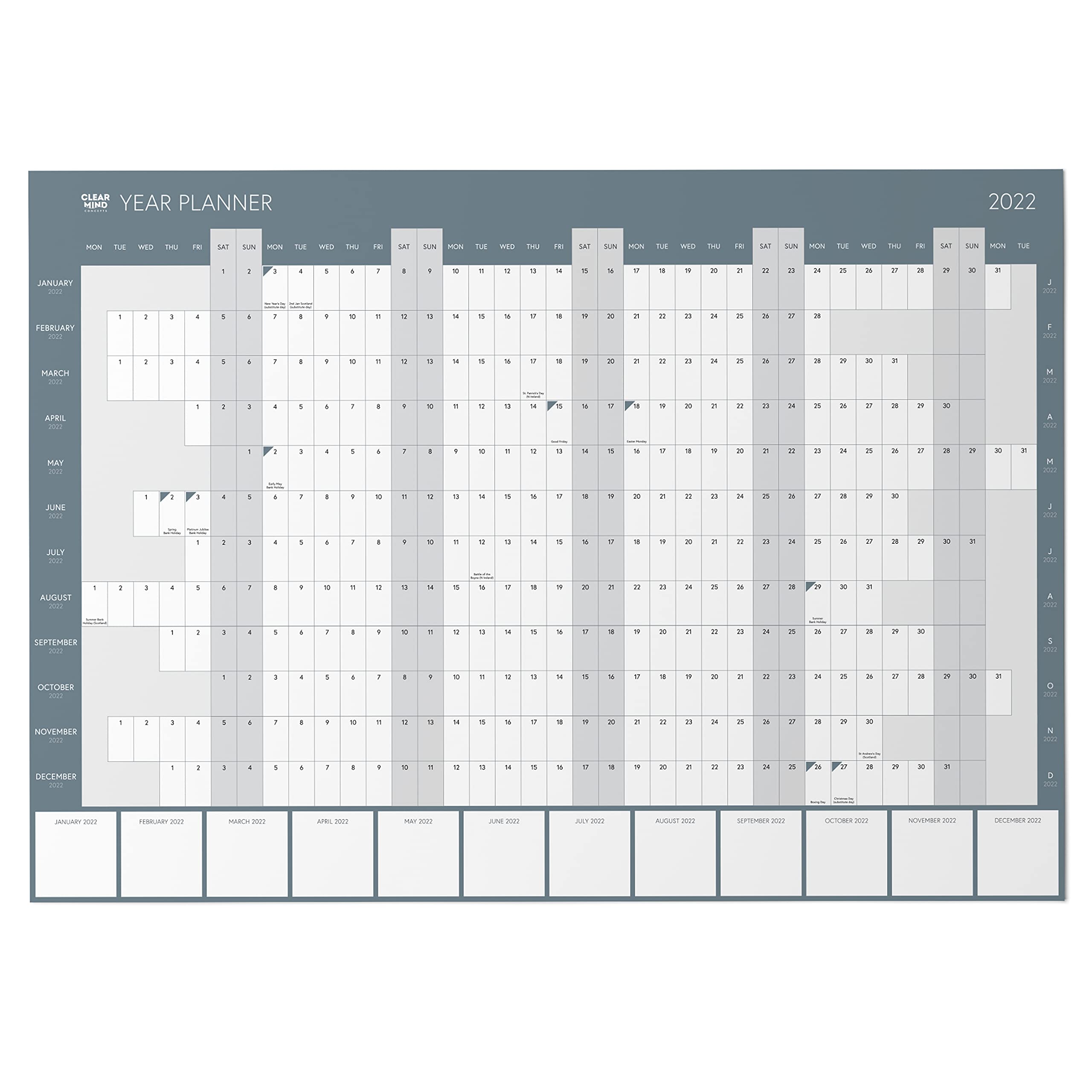 2022 Wall Planner by Clear Mind Concepts Year Calendar A2 Folded for