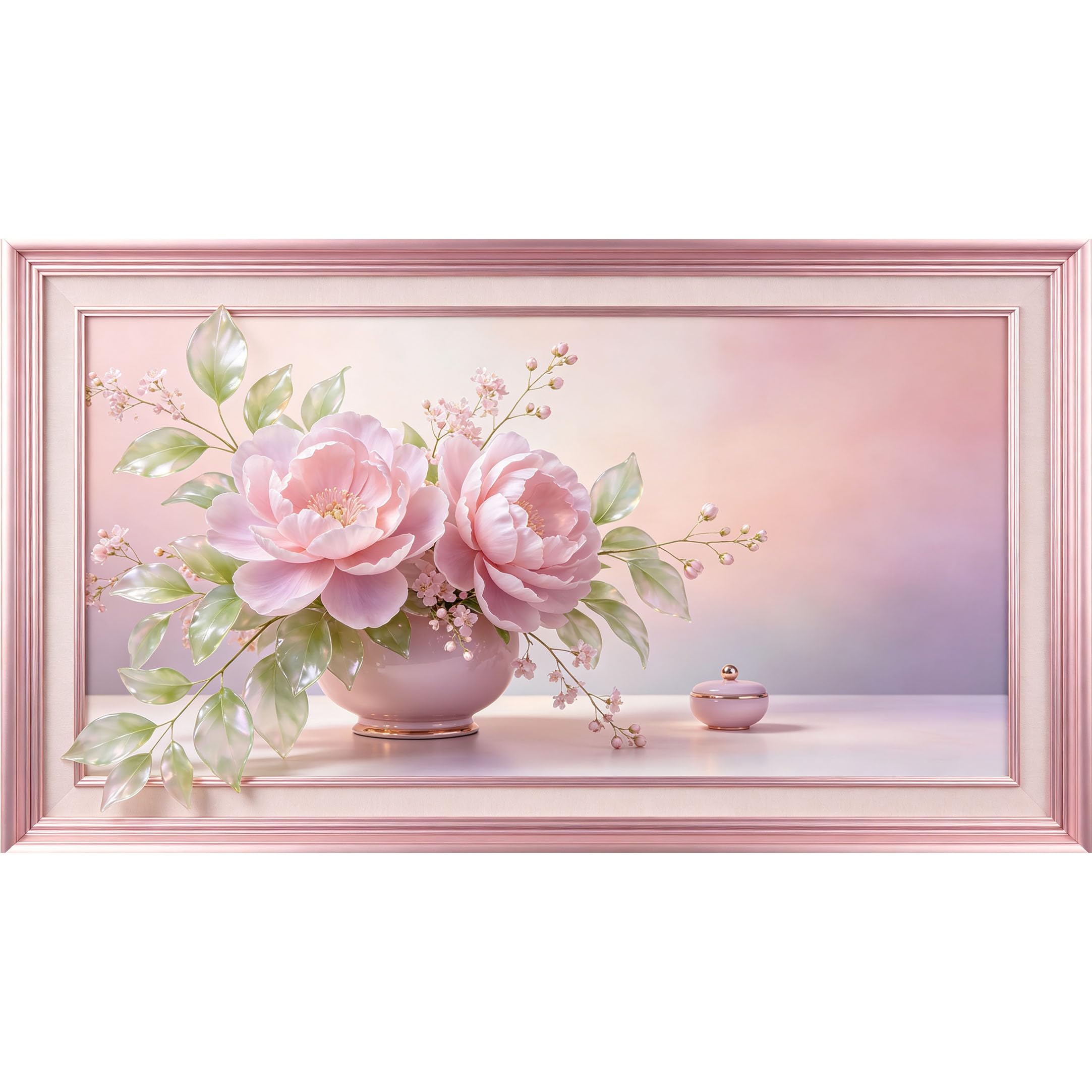QZLITHOTIC 50x90cm3D Framed Wall Art， Pink Peony Floral Vase Botanical Self‑Adhesive Mural， Water‑Activated Peel & Stick Fabric Decor Wall Decal for Bedroom Living Room