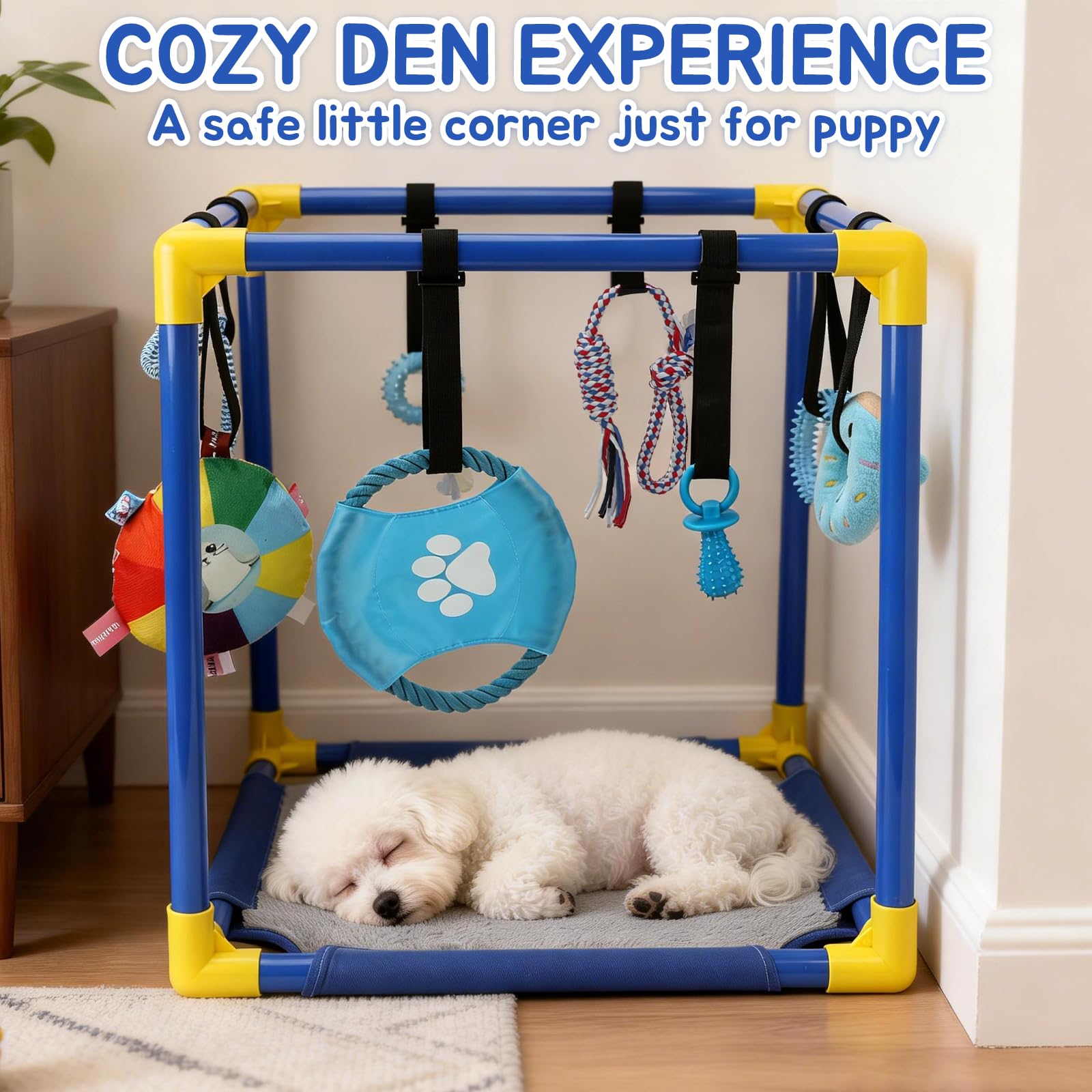 Welpenspielstudio mit 8 hängenden Spielzeugen und weicher, wendbarer Bodenmatte | Indoor Dog Active Gym mit verstellbaren Bungee-Gurten und PVC-Rahmen für Welpenzahnen, Zahnspielzeug & geistige Stimulation