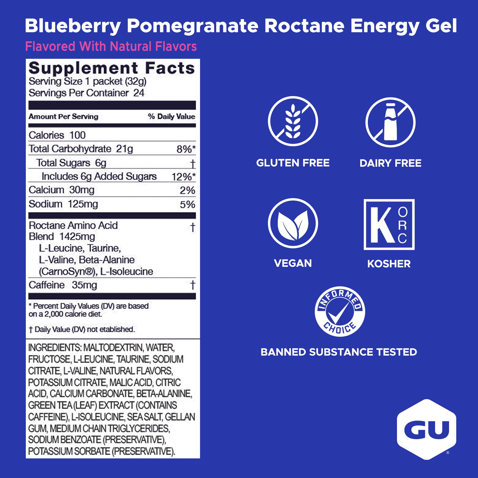 GU Roctane Ultra Endurance Energy Gel, Blueberry Pomegranate (Blaubeer Granatapfel), Box mit 24 x 32 g