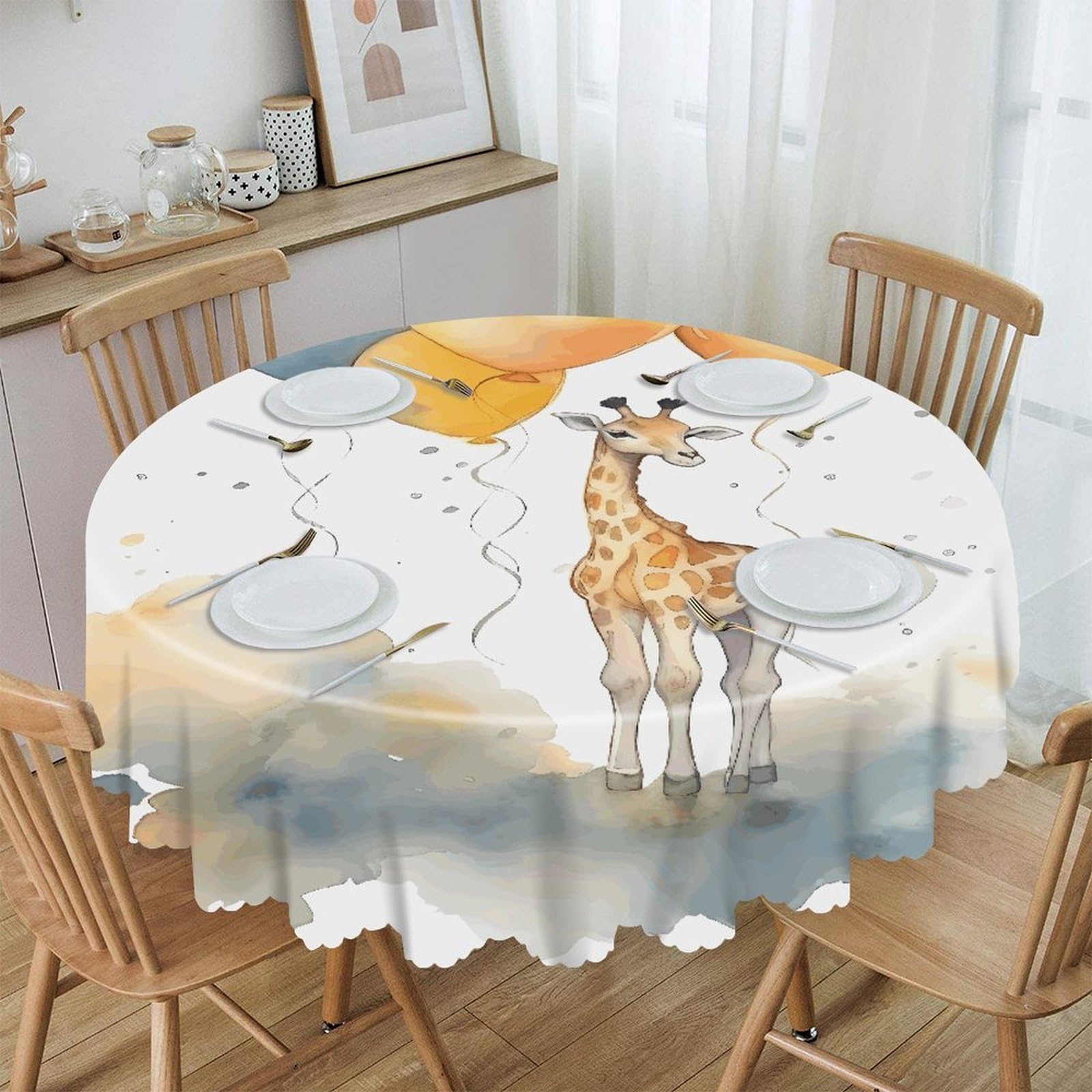 Btcowzrv Style Hand Drawn Giraffe Polyester Round Tablecloth 59.84 Inch, Decorative Washable Table Cover, Table Cloth For Restaurant Picnic Indoor And Outdoor Dining