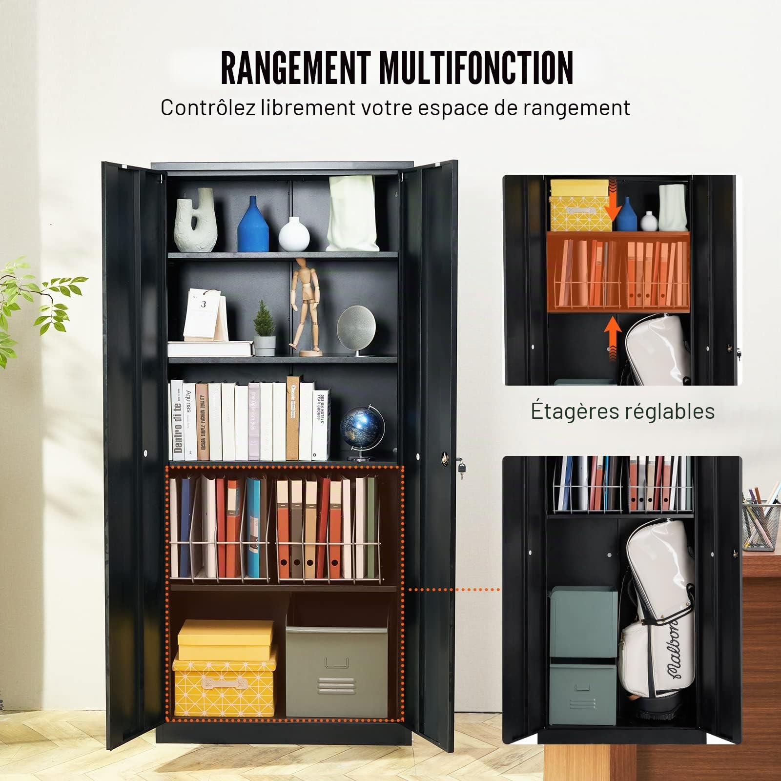 VEVOR Armoire de rangement en métal, armoire de rangement verrouillable en acier avec 2 portes magnétiques et 4 étagères réglables, armoire en métal de 180,7 cm, capacité de 90,7 kg par étagère avec 3
