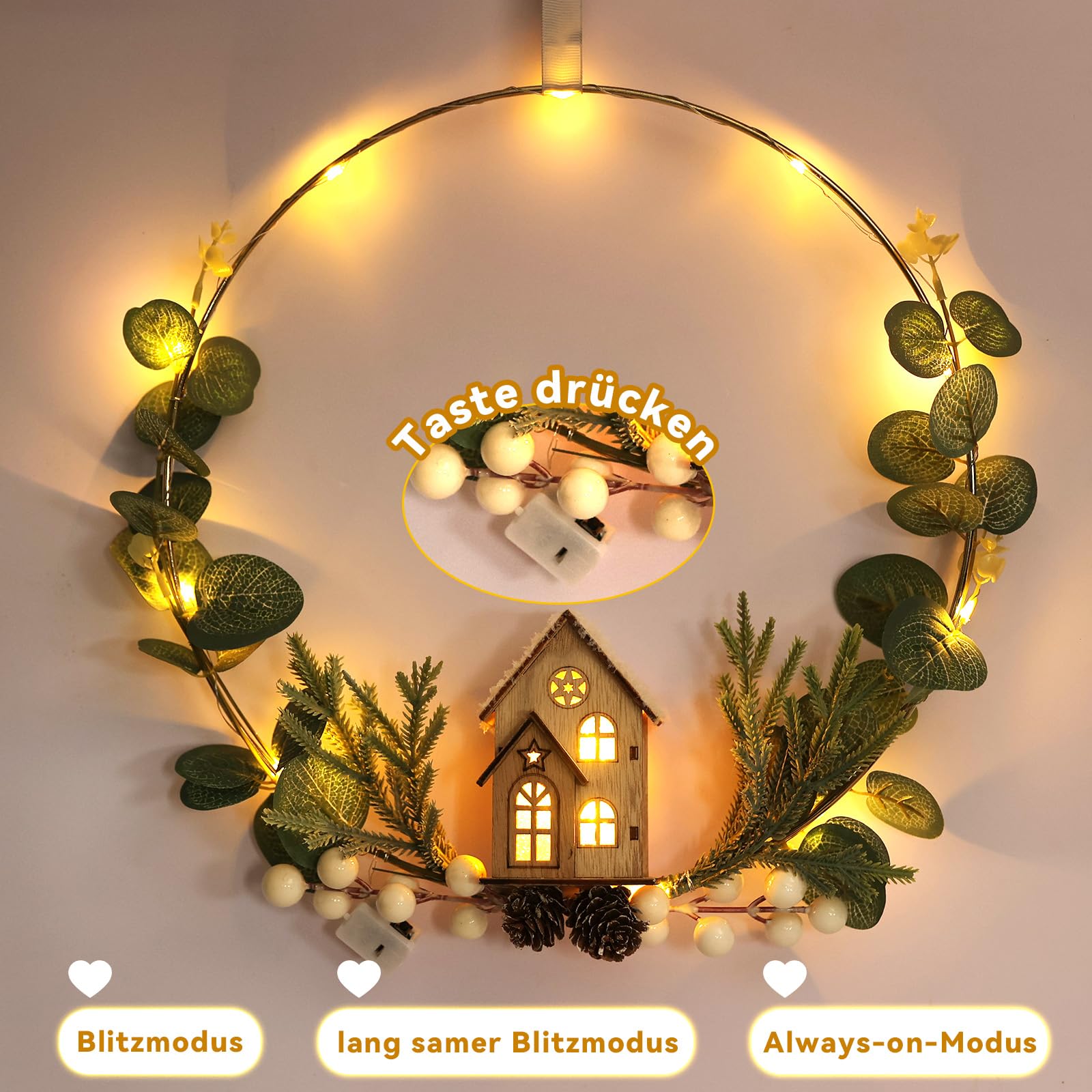Fensterdeko Weihnachten LED Dekoring mit Holzhaus, Kranz zum Aufhängen Fenster 30cm mit 20 LED Beleuchtet, Deko Weihnachten Hänge Metall Ring mit Kunstblumen, Winter Deko Fenster Deko