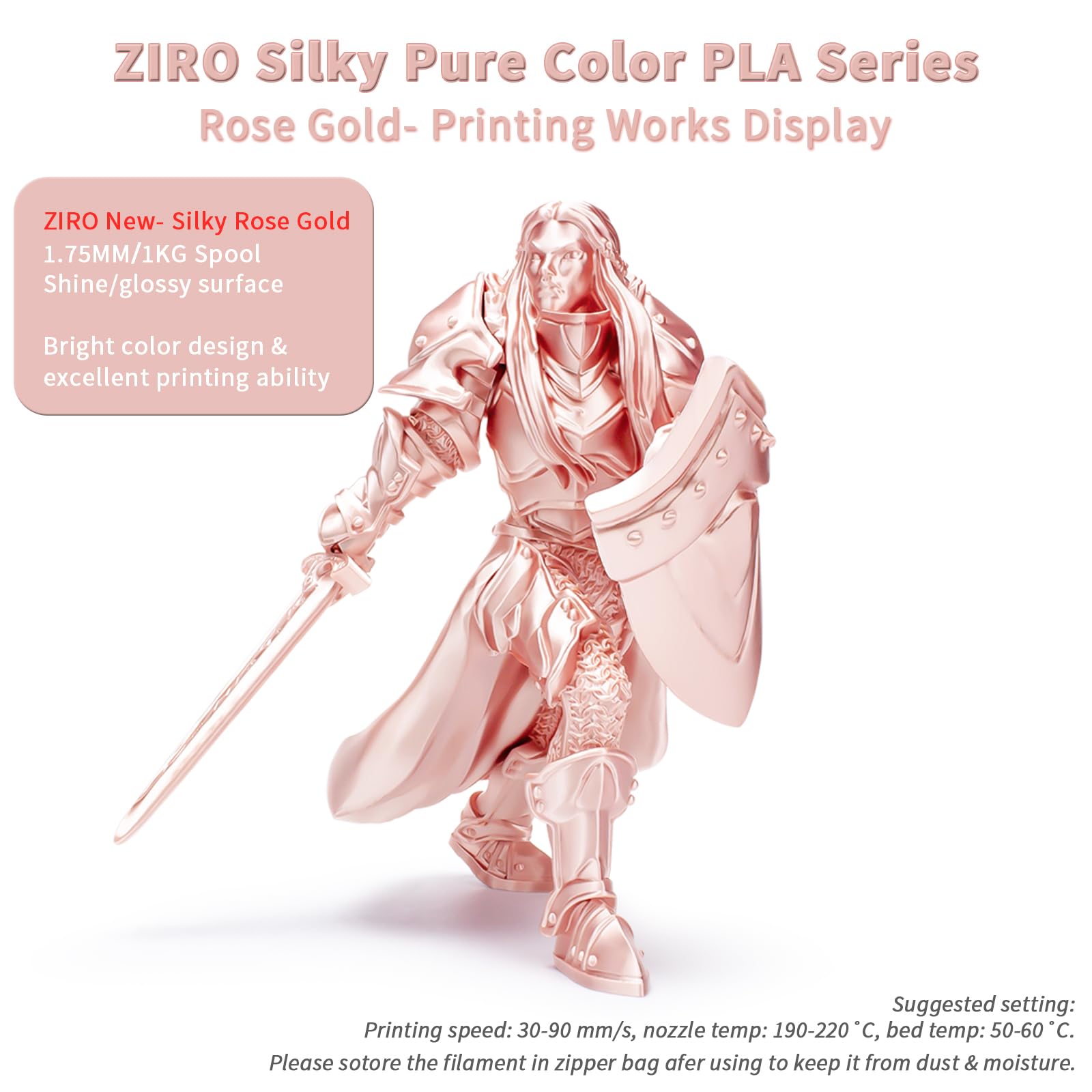 ZIRO Seta Filamento PLA 1.75mm, Filamento di Stampa 3D Setoso, PLA Lucido 1KG, Precisione Dimensionale +/- 0.03mm, Oro rosa