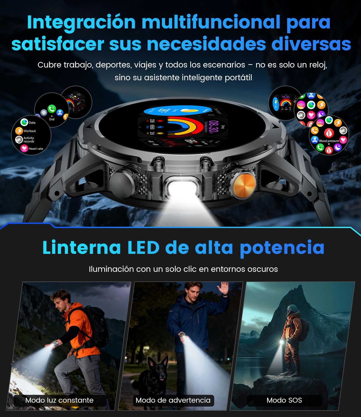 Reloj Inteligente Hombre Militar LED Linterna/1000mAh Batería/3 Correas, 1.53"Smartwatch Hombre con Llamadas, 120+ Modos Deportivos, 5ATM Impermeable Pulsómetro Podómetro Android iOS Negro Acero