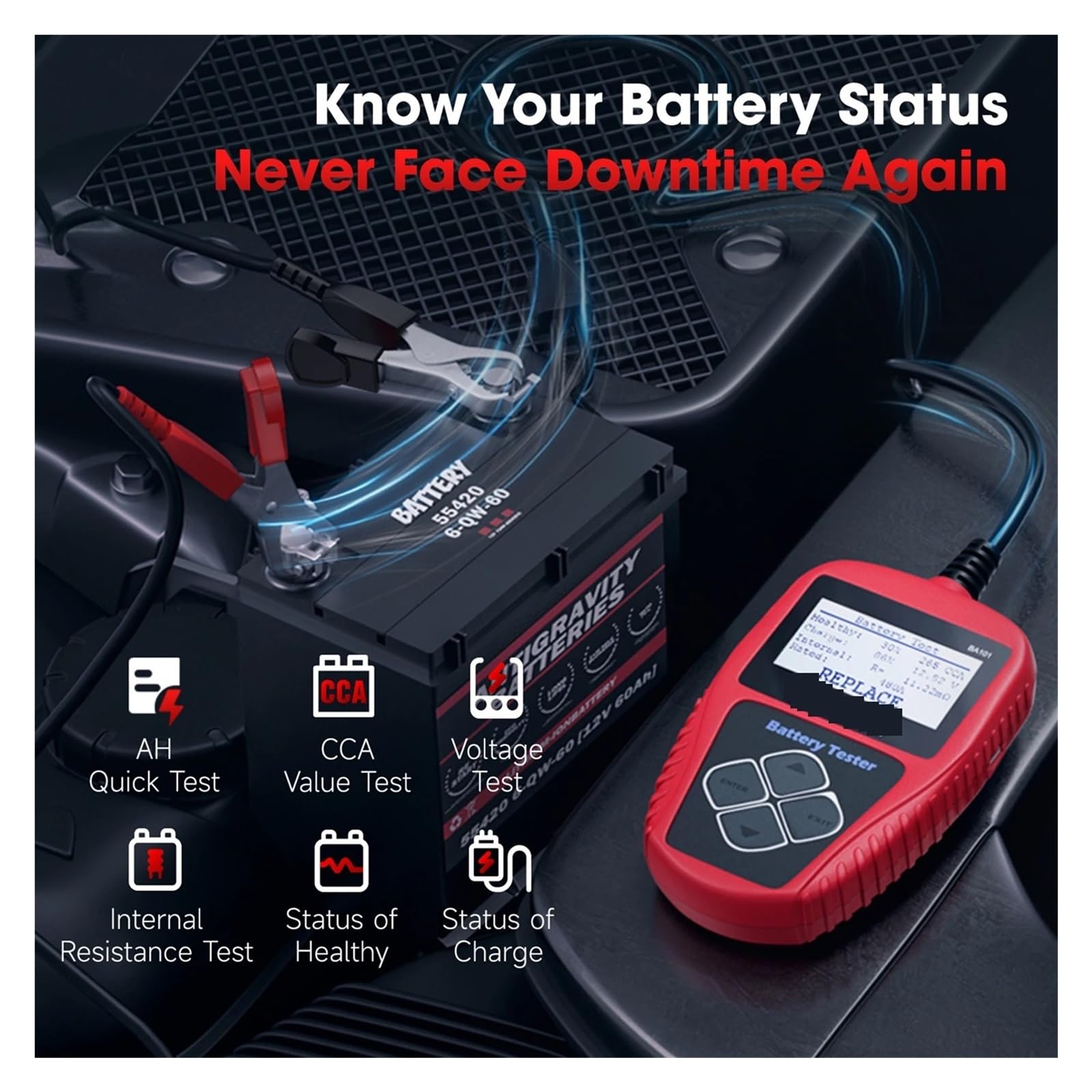 Tester per batterie, Tester for batteria auto BA101, strumento diagnostico for alternatore autoistico digitale da 12 V, capacità di carico 100-2000 CCA
