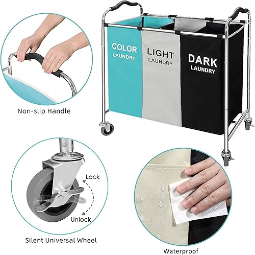 Miniatura 3 de 240L Laundry Sorter Hamper, Divided 3 Section Laundry Cart with Lockable Wheels, Large Capacity Bag Storage Organizer in Laundry Room Bathroom