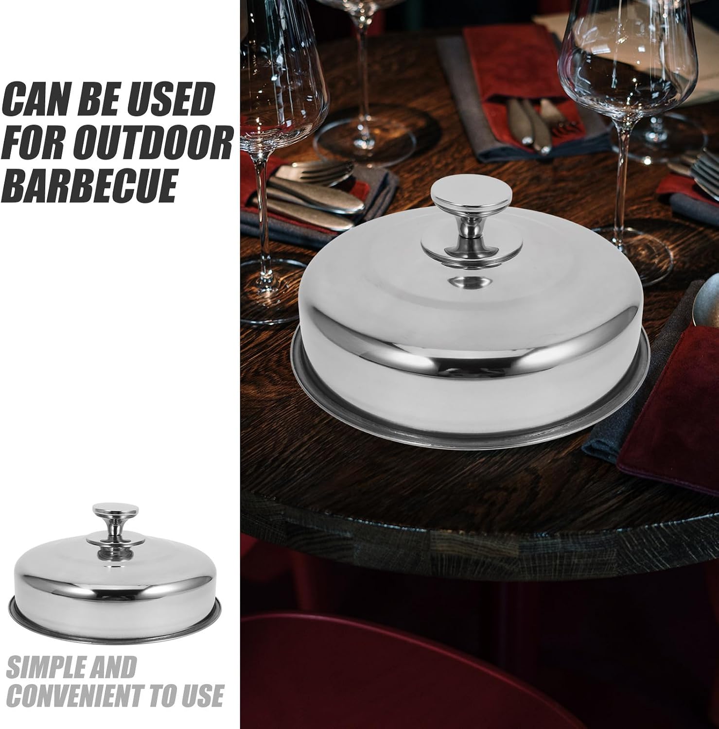 Stainless Steel Steak Dome Cover with Metal Knob Handle, round Food Serving Cover for Outdoor Camping and Home Kitchens, Waterproof and Simple to Install Cooking Dome