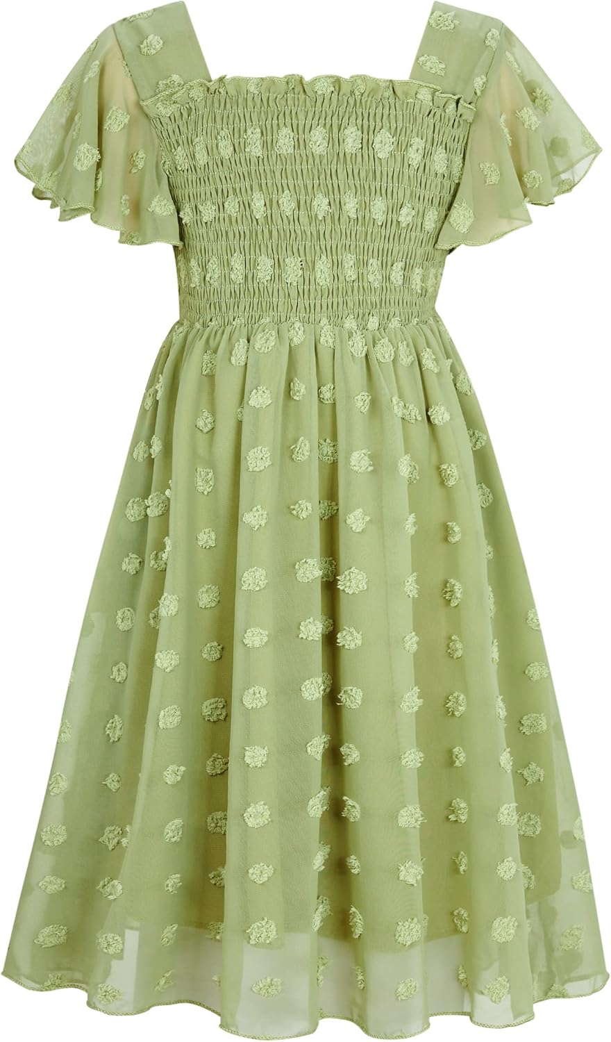 Kids4ever 6-12T Girls Chiffon Dress with Solid Pom Poms & Flutter Ruffle Short Sleeve Kids Lace Square Neck Frocks