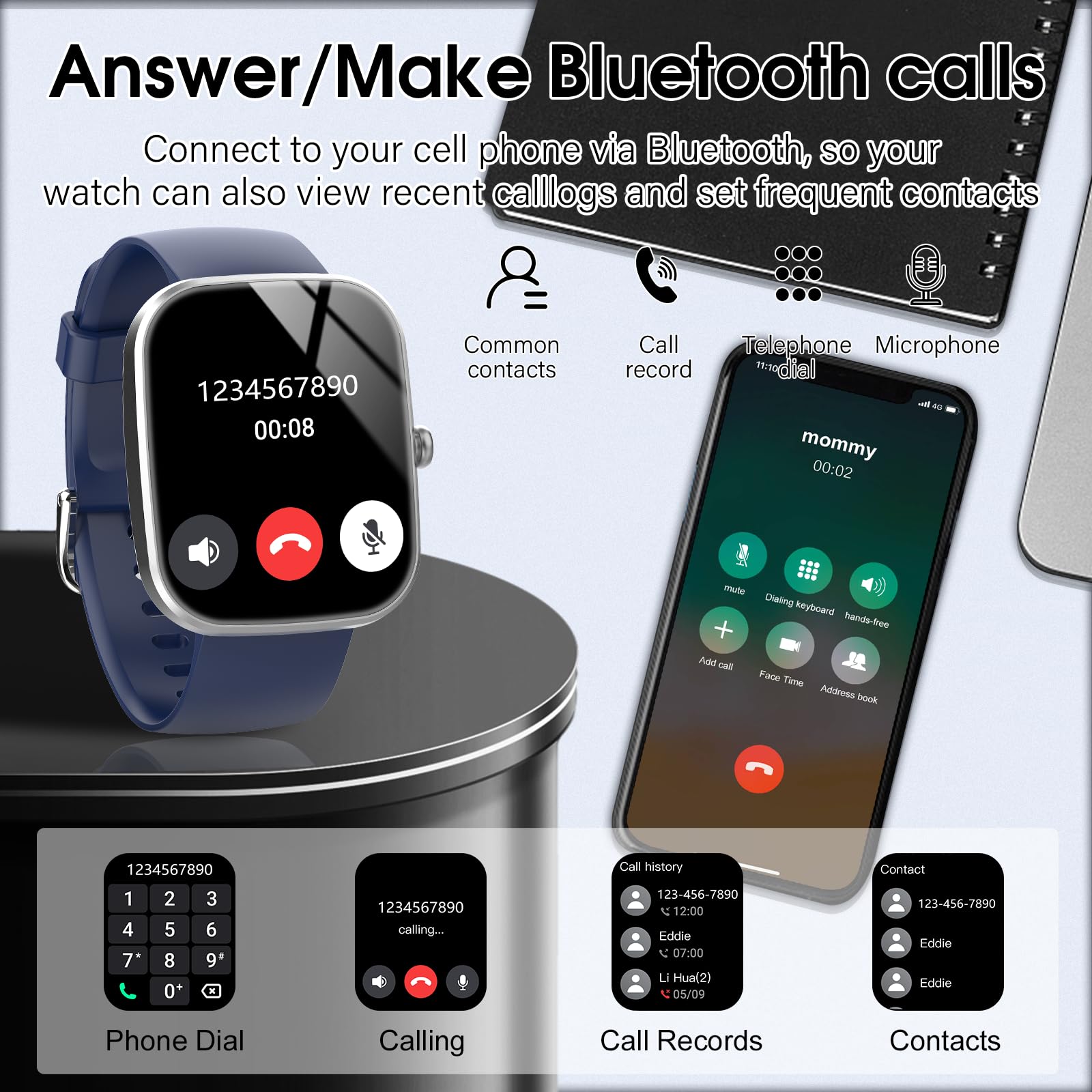 Csasan Smartwatch Uomo Donna con Effettua/Risposta Chiamate, 1.91'' HD Orologio Smartwatch con Contapassi/Sonno/Cardiofrequenzimetro, 110+ Modalità Sportive Fitness Tracker Impermeabile IP68, Blu