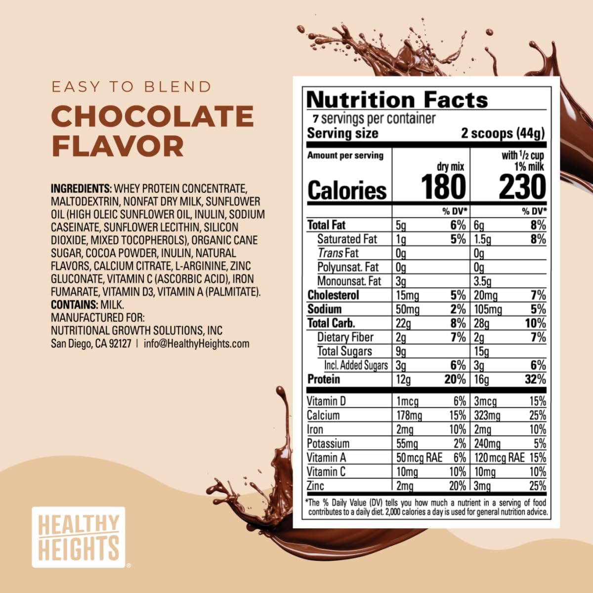 Healthy Heights Grow Daily Kids Protein Drink Mix (Chocolate) - High Protein Shake for Kids 3+, 10.6 oz