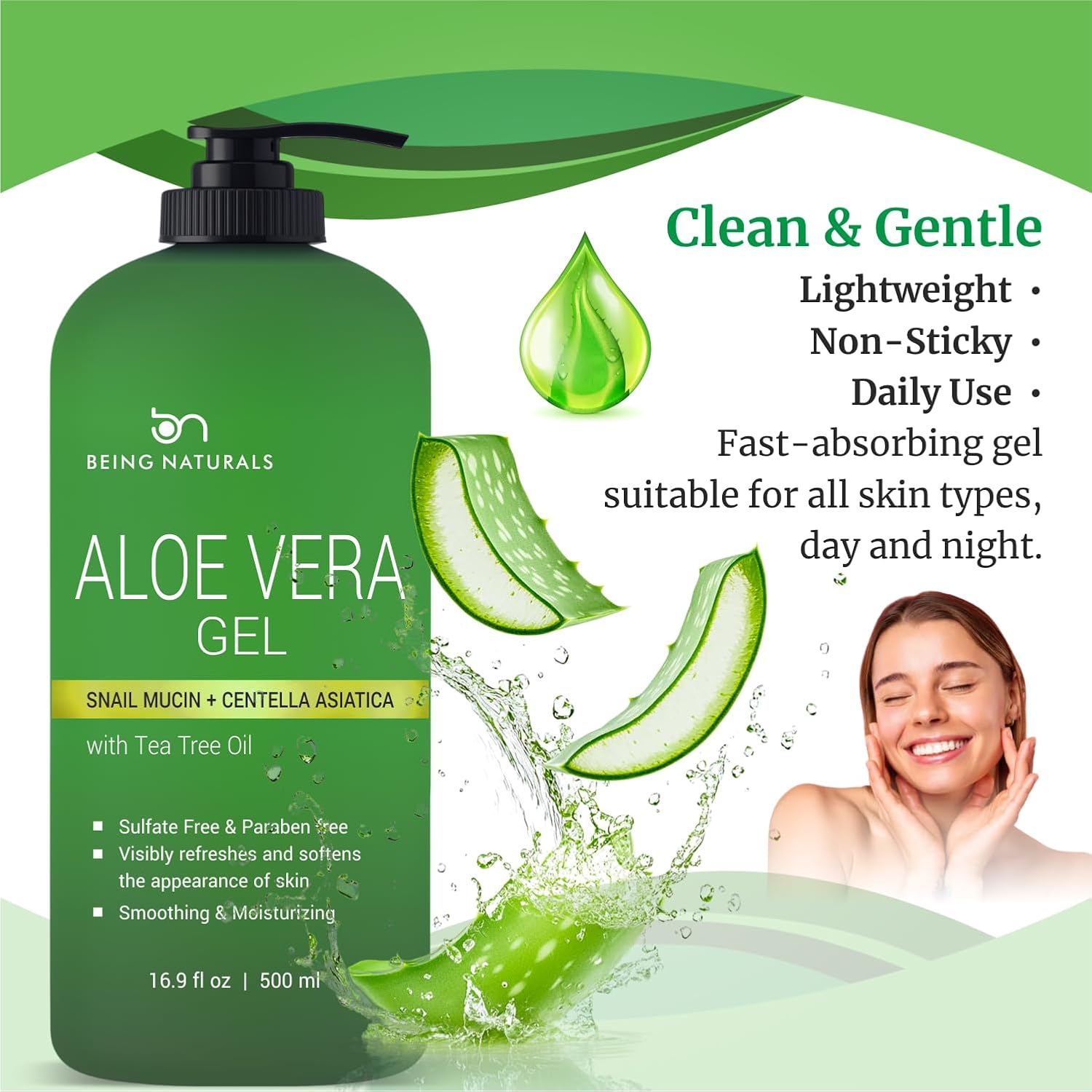 Being Naturals Aloe vera Gel - from 100% Pure Organic Aloe Infused with Snail Mucin/Centella Asiatica - Natural Raw Moisturizer for Face, Body, Hair. Perfect for Sunburn, Acne, Razor Bumps 16.9 fl oz - Image 6