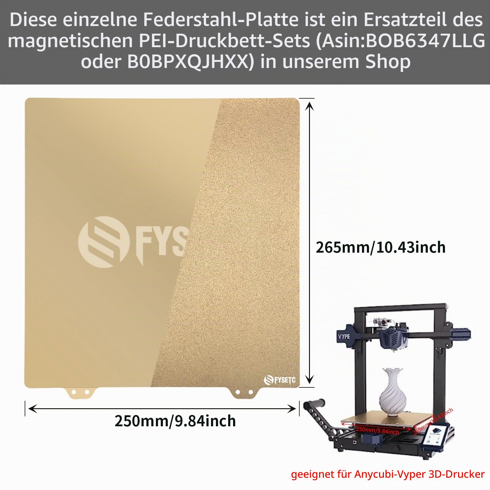 BCZAMD for Anycubi-Vype-r 3D Drucker Teile JanusBPS Bauplattform 265 x 250 mm, beidseitig bedruckt (PEI Pulver + glattes PEI) Ohne Magnetaufkleber, Federstahlblech, beheizte Bettfl?che¡­