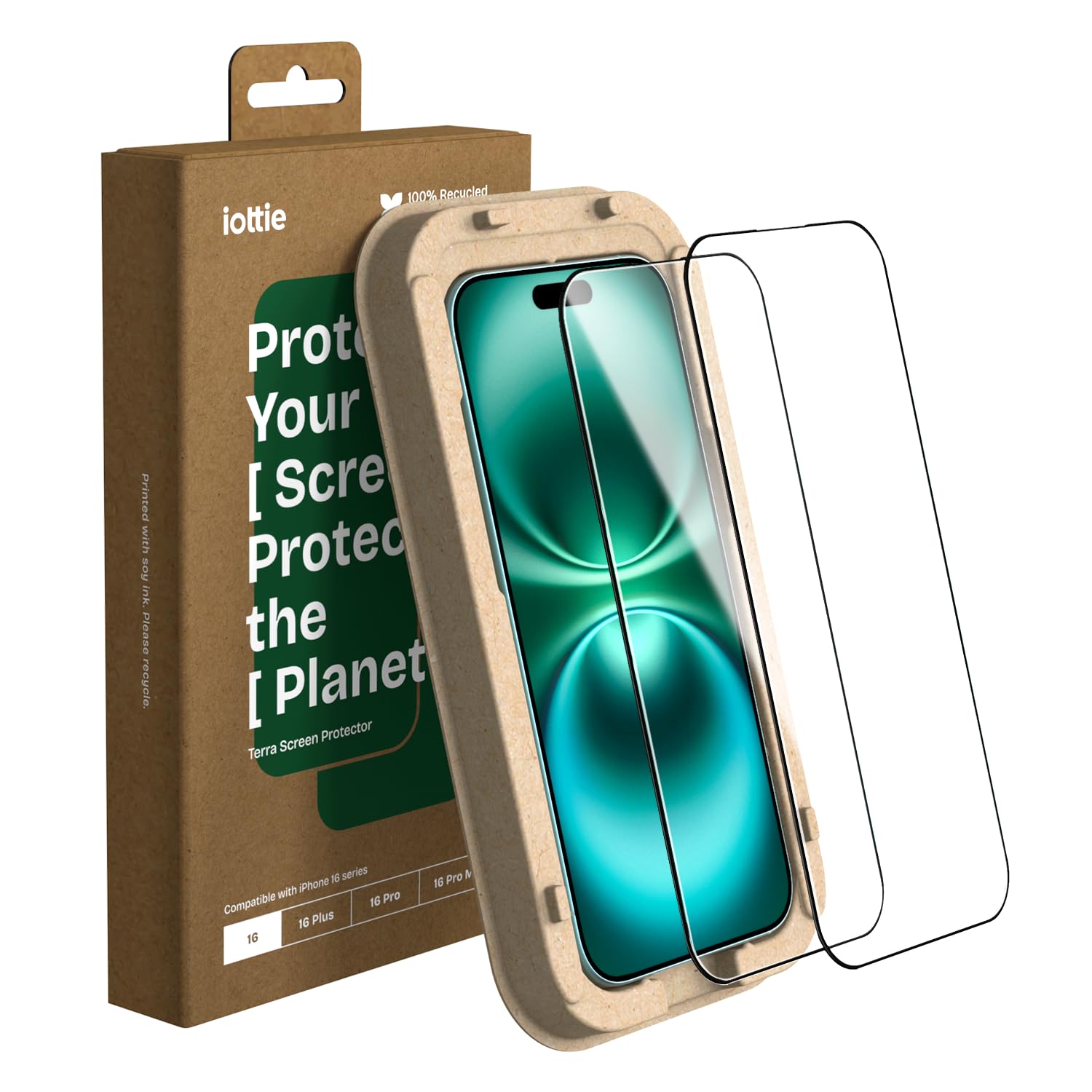 iOttie Terra iPhone 16 Tempered Glass Screen Protector Military Grade 9H Hardness Shatterproof Scratch Resistant, Edge to Edge Protection Easy Bubble Free Install, 2 Pack