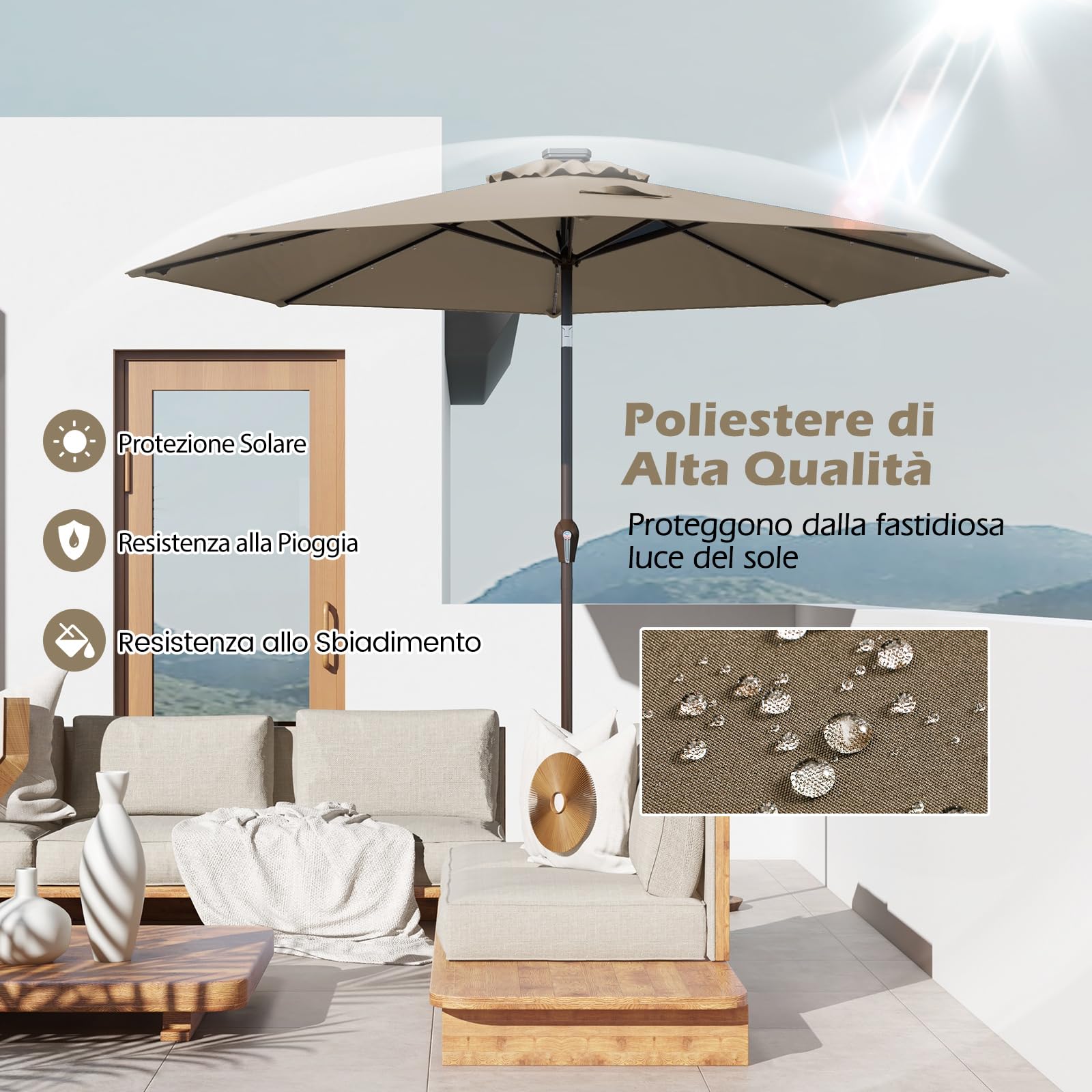 RELAX4LIFE Ombrellone da Giardino 3m/2,7m/2,3m con Luci LED, da Esterno per Protezione Solare, Parasole per Terrazza, Balcone, Spiaggia (Marrone-3M)