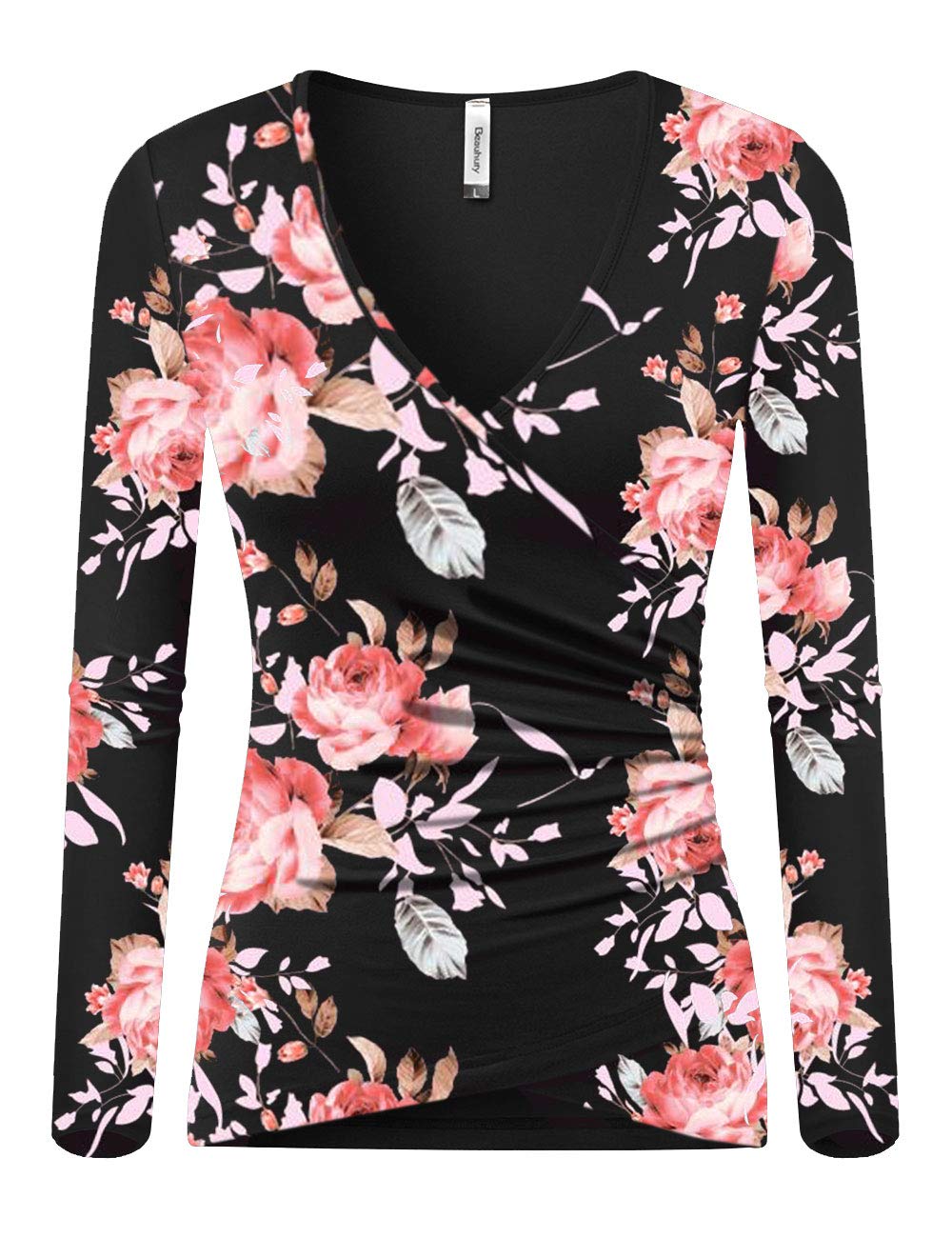 BeauhutyWomen's Top Deep V Neck Slim Fitted T-Shirt Front Surplice Wrap Short/Long Sleeve Tees