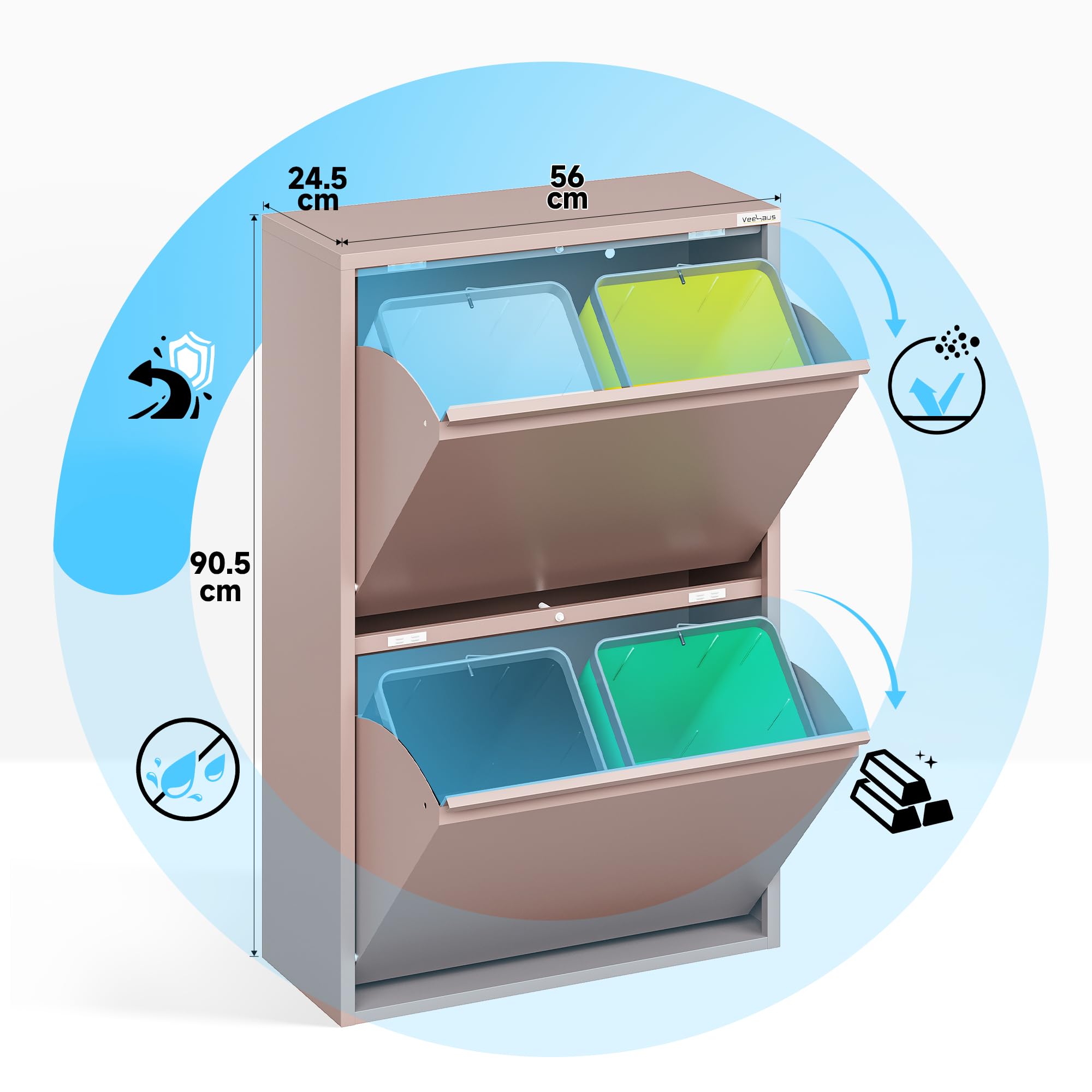 VEEHAUS Küchen Mülltrennsystem, Metall Müllschrank, 4 Klappfächer 4 x 15 L | Freistehend & vormontiert, 4 einzeln öffenbare Klappen, Magnetische Front, Herausnehmbare Eimer, 60L Rosa