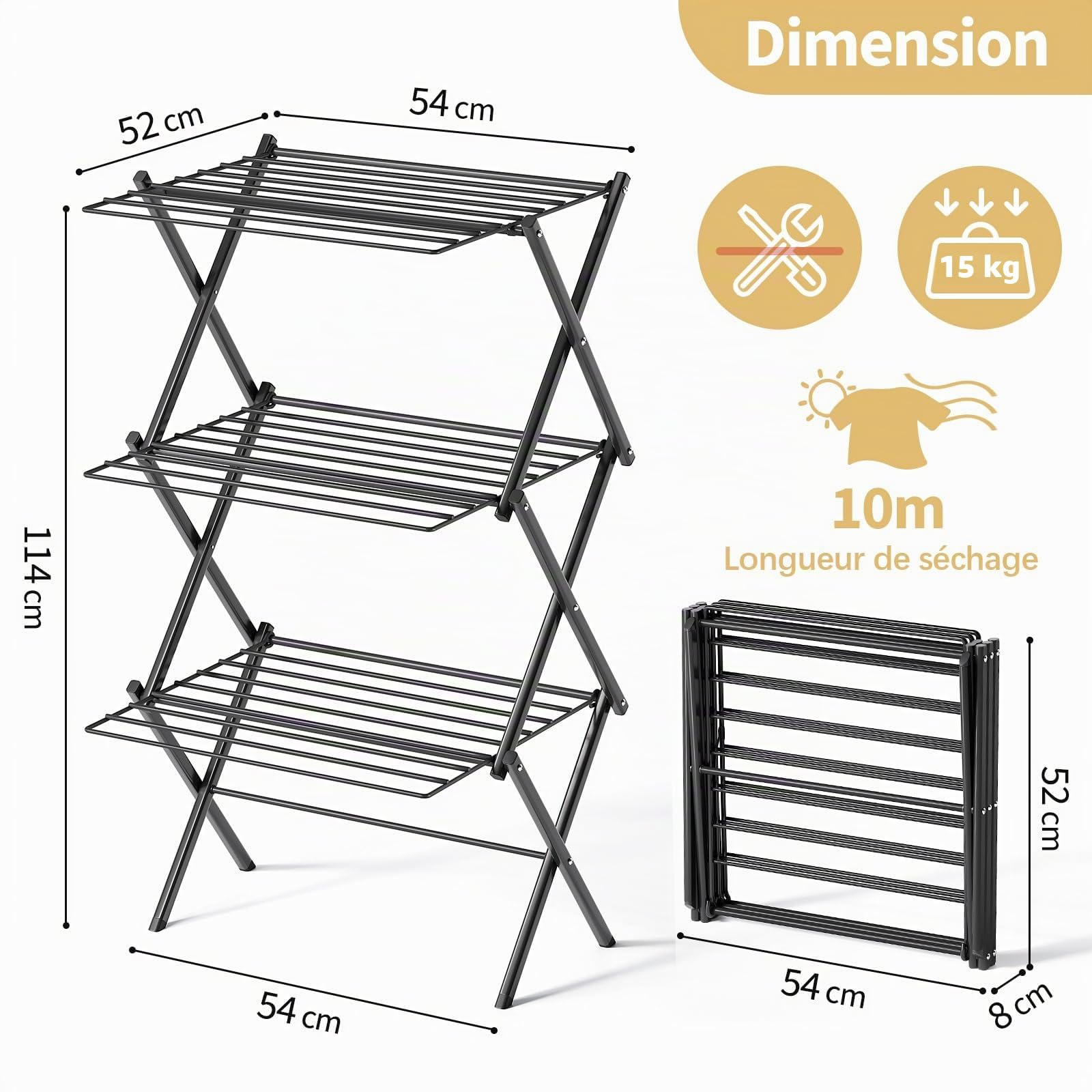 SKYIARIOL Etendoir Linge Interieur Pliable - Sechoir a Linge Pliable 3 Étagères Métallique Extérieur - et Extensible Gain de Place - Sèche Linge Tour - Solide Stable(Noir)