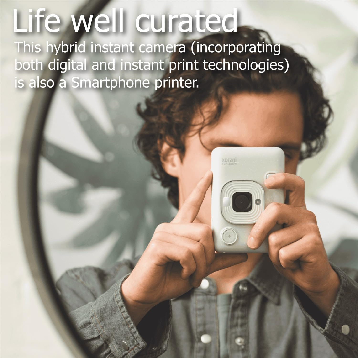 Fujifilm INSTAX Mini LiPlay Hybrid Instant Camera Bundle with 20 Sheets INSTAX Mini Film, 32GB microSD Card, USB Charging Cable, Hand Strap, Cleaning Cloth (Misty White)