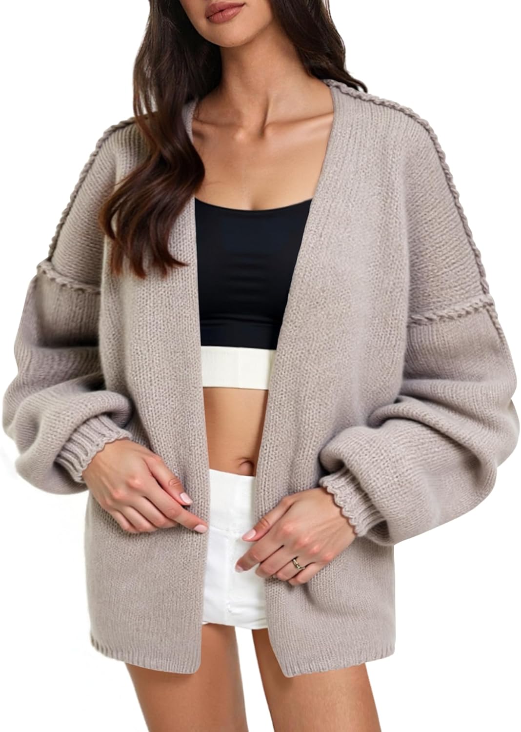 Women’s Oversized Knit Cardigan, Open Front Long Sleeve Chunky Sweater, Soft Cozy Beige Cardigan for Fall & Winter Layering - Image 5